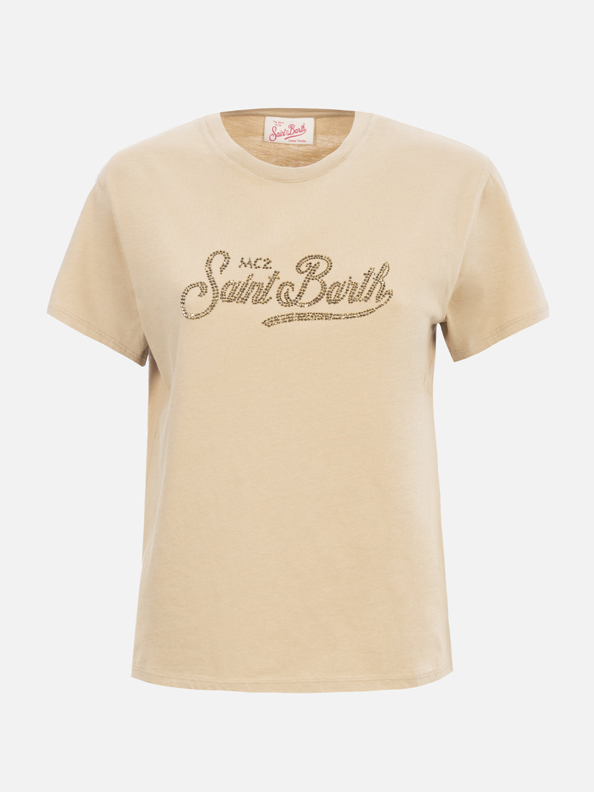 Woman cotton jersey crewneck t-shirt Emilie with Saint Barth rhinestones embroidery - MC2 Saint Barth