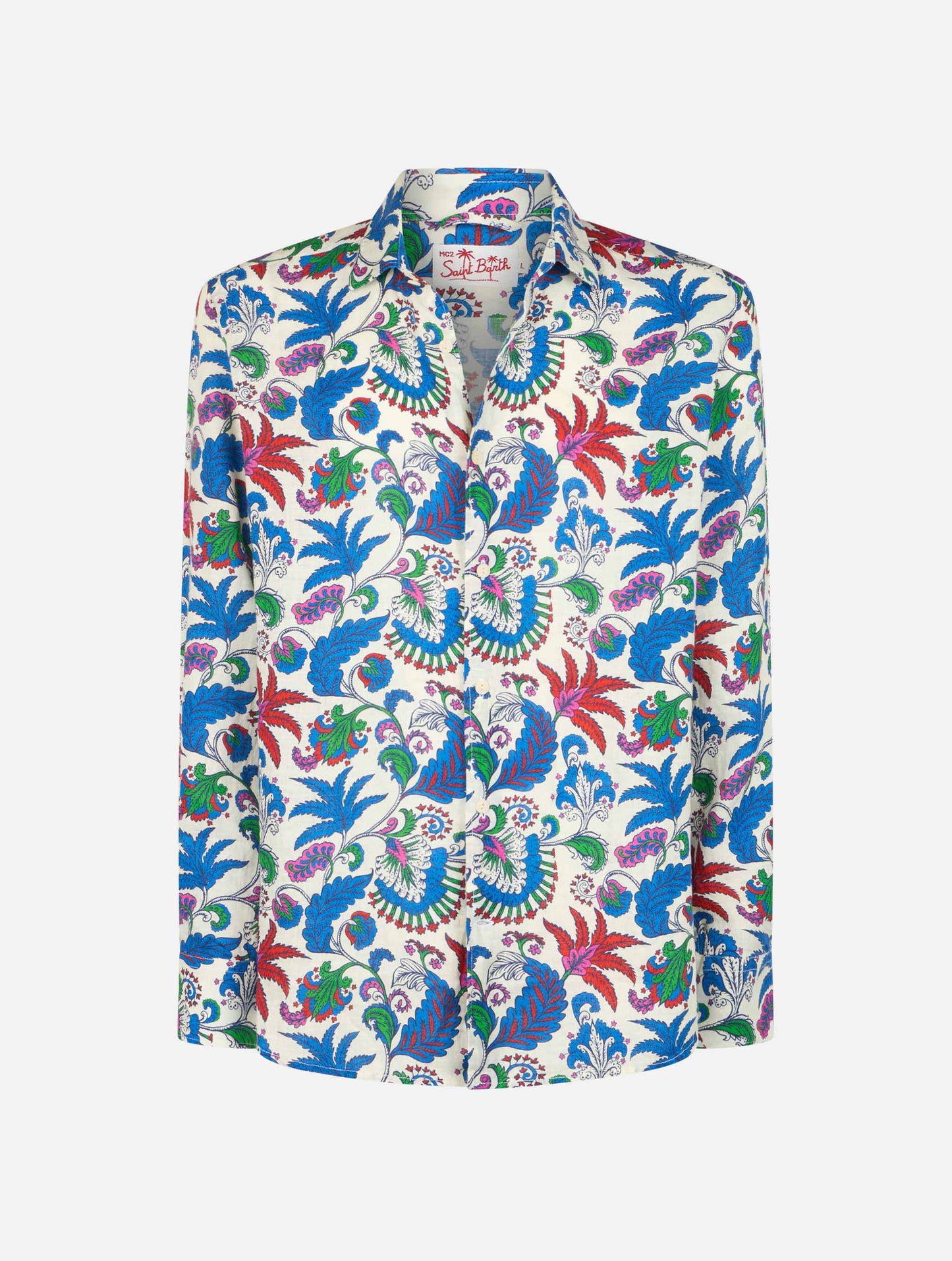 Man navy blue linen shirt Pamplona with flower print - MC2 Saint Barth