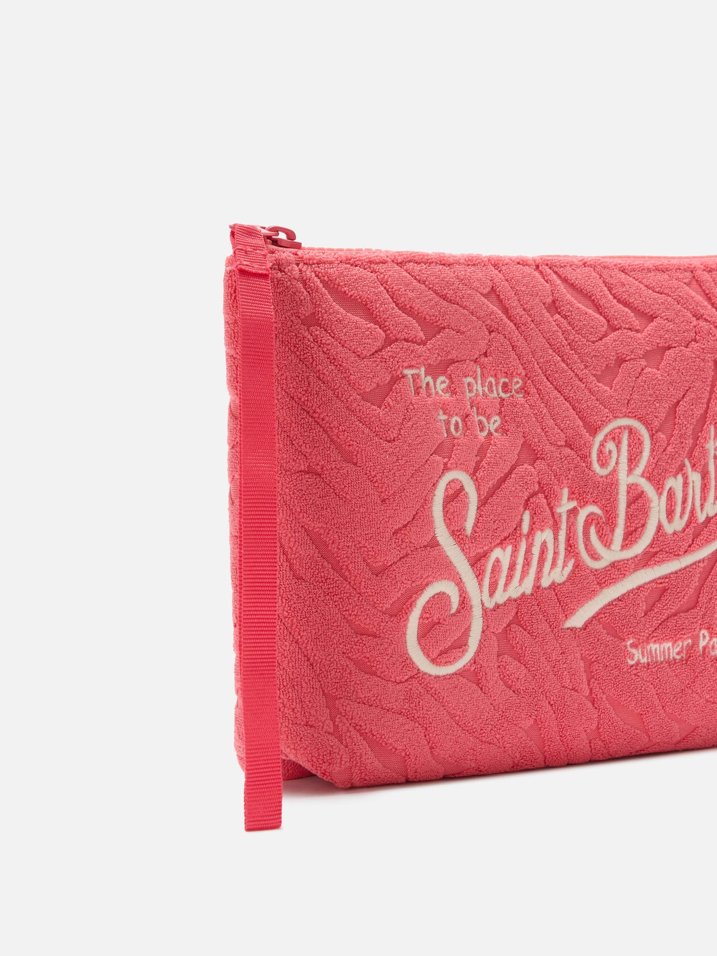 Aline terry-effect coral red pouch with embossed zebra pattern