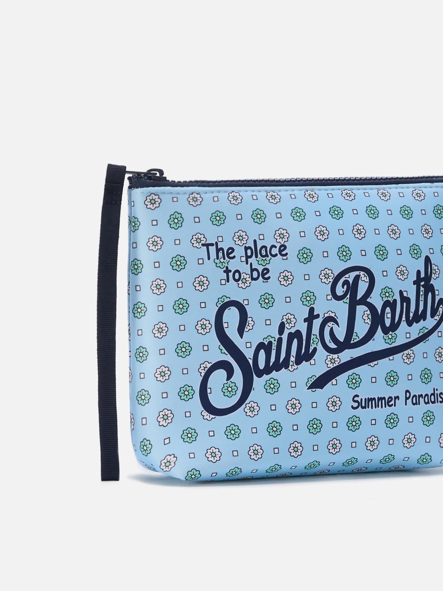 Pochette Aline in scuba azzurra con stampa a fiori all-over