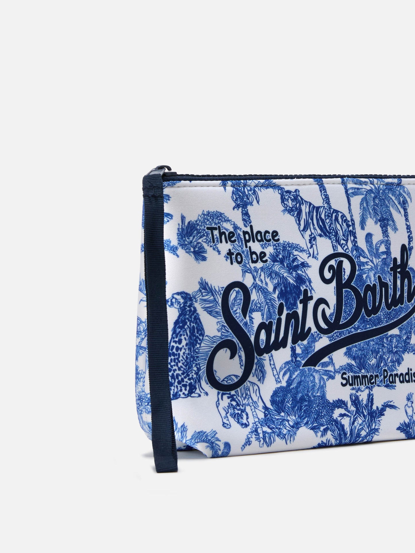 White Aline scuba pouch with Jungle Oceania toile de jouy print
