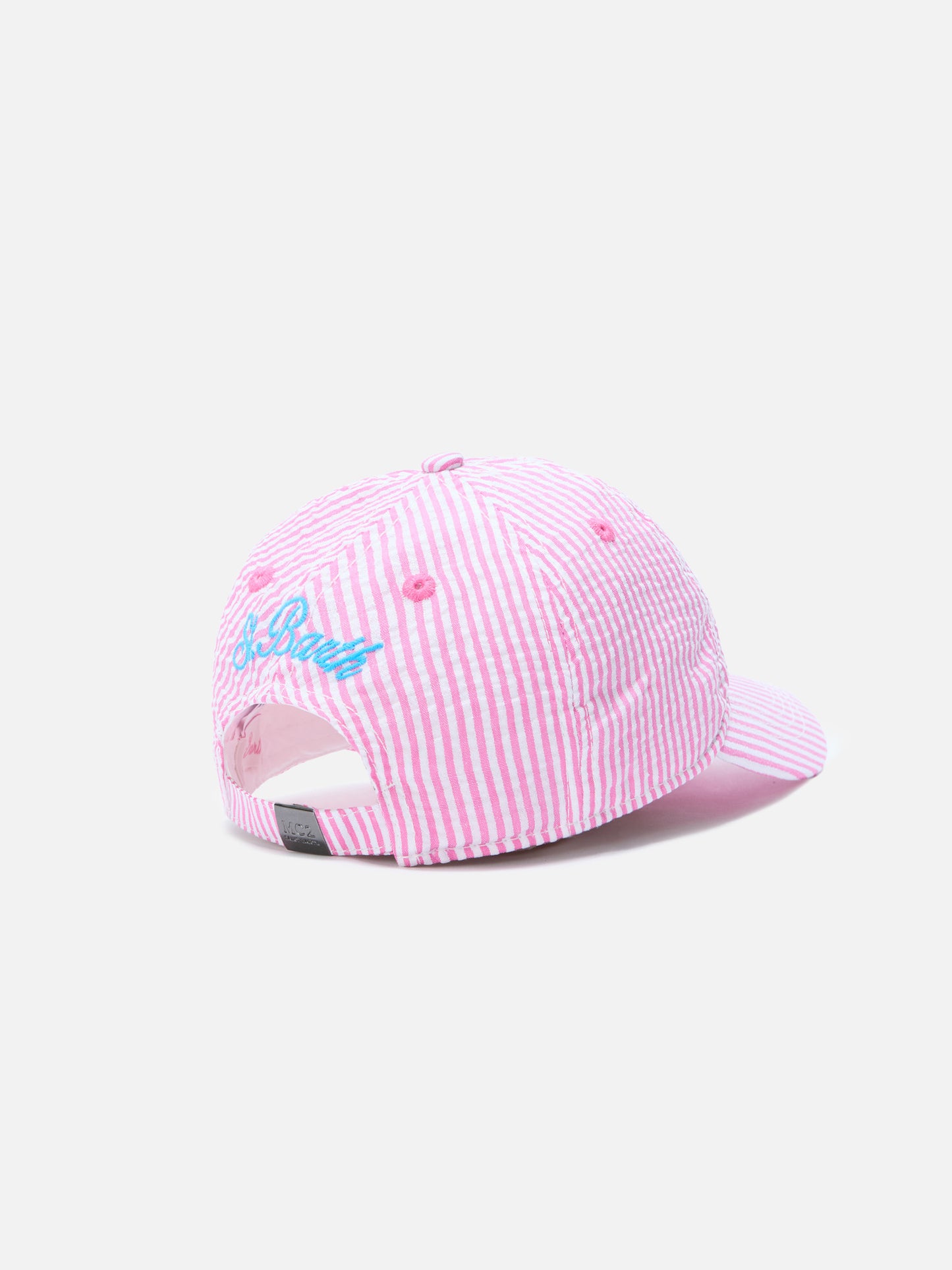 Cappellino Baseball con visiera in cotone seersucker a righe rosa e bianche con ricamo