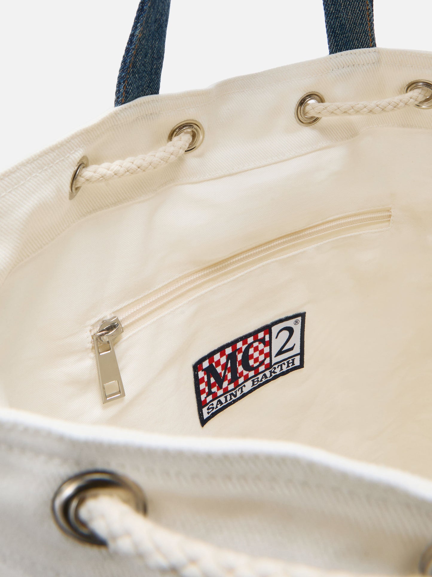 Beach Backpack in fabric white and light blue with embroidered logo