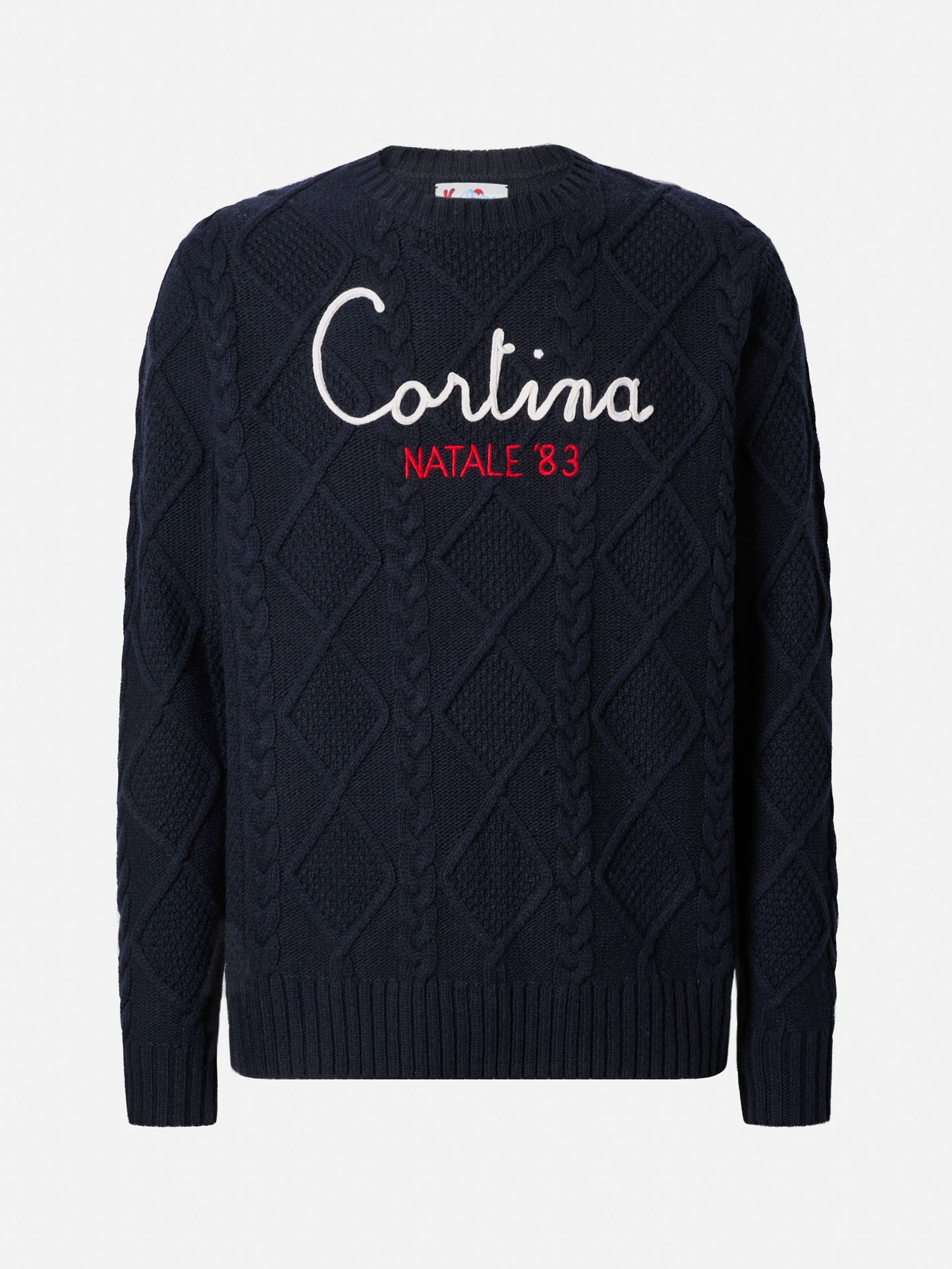 Blue crewneck sweater Bergen Tricot with Cortina Natale '83 embroidery