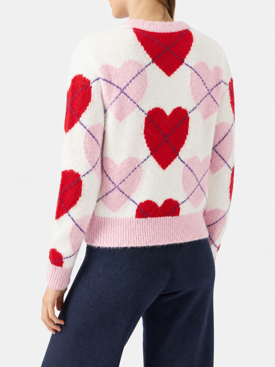 Maglia girocollo Bloom Soft con motivo argyle a cuori rosa e rossi