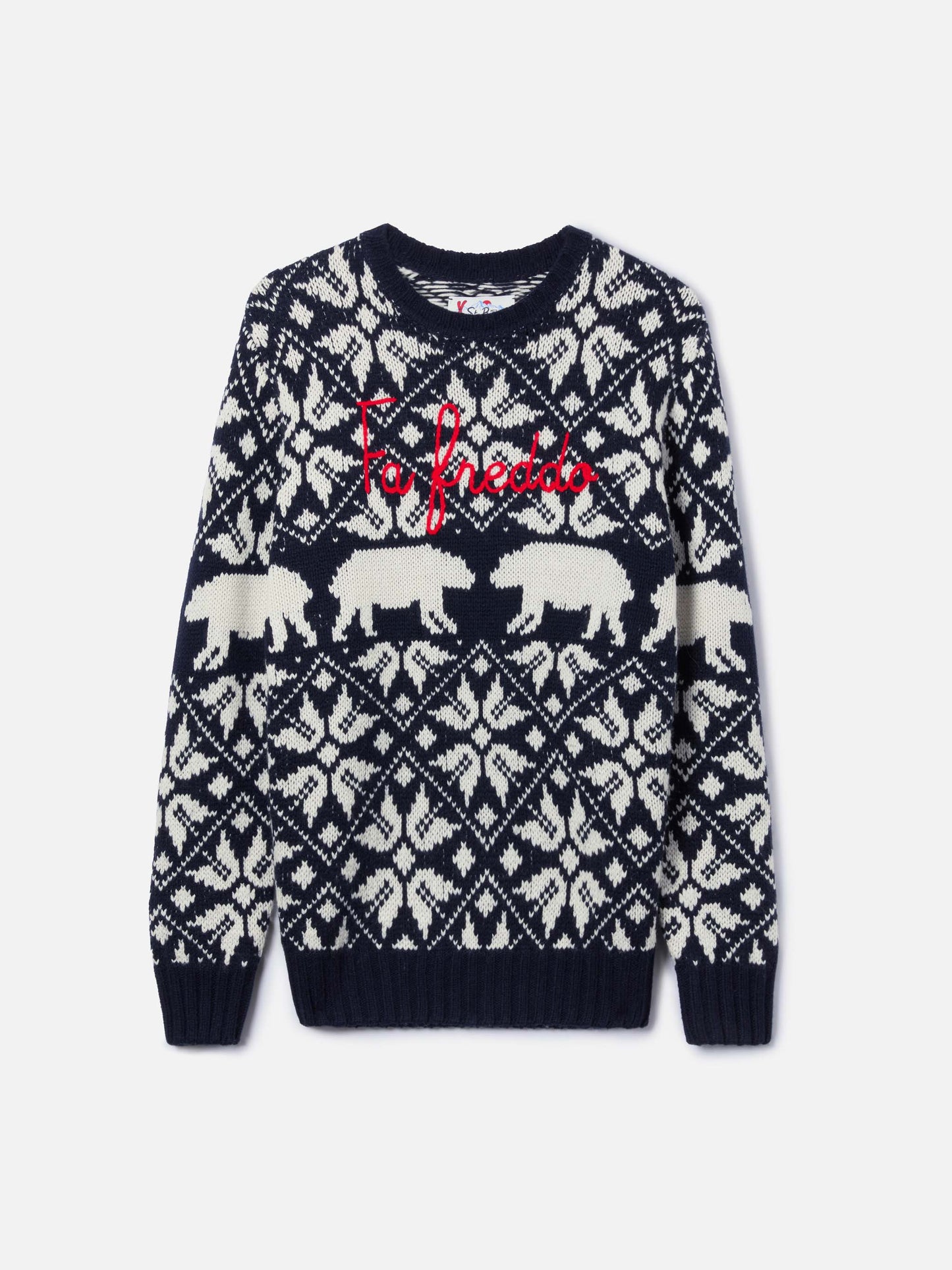 Man sweater Bombardino with norwegian jacquard and Fa Freddo embroidery