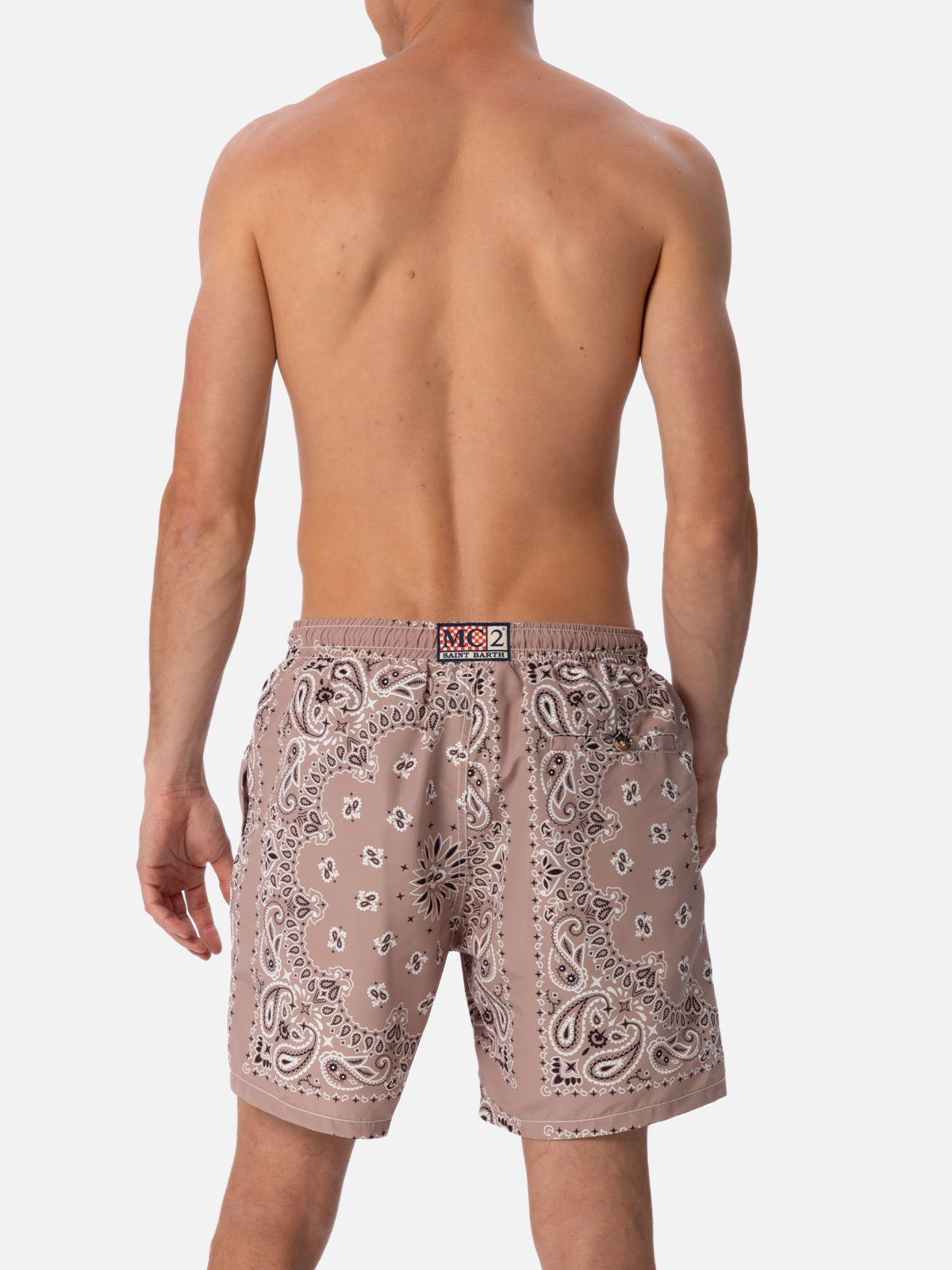 Mid-length swim-shorts Caprese with beige bandanna print