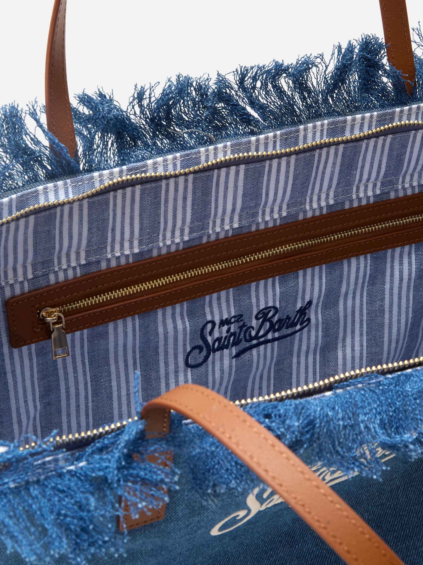 Borsa City regular in tessuto denim con frange