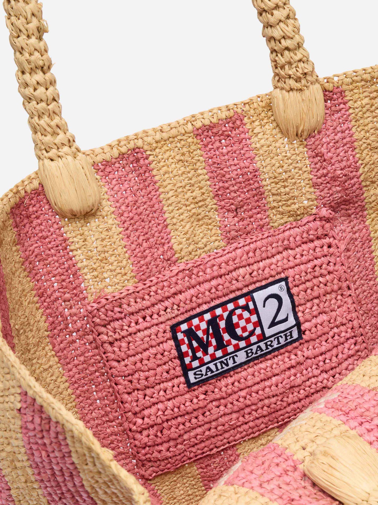 Colette Raffia rosa gestreifte Handtasche mit Logo-Stickerei
