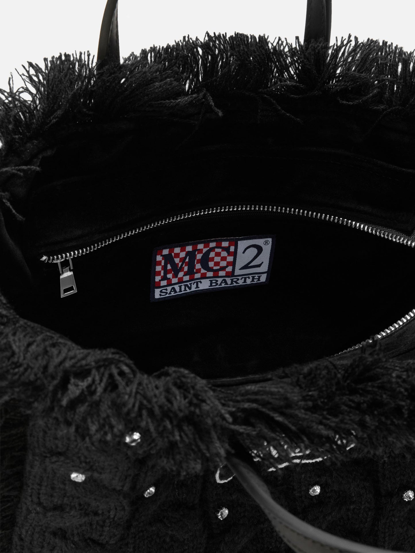 Colette Wollflecht-Handtasche aus schwarzem, geflochtenem Wollmischgewebe mit Strasssteinen