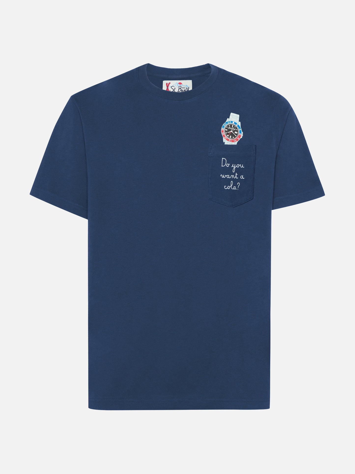 Connor Baumwoll-T-Shirt in Blau mit der Aufschrift „Do you want a cola?“ auf der Brusttasche.