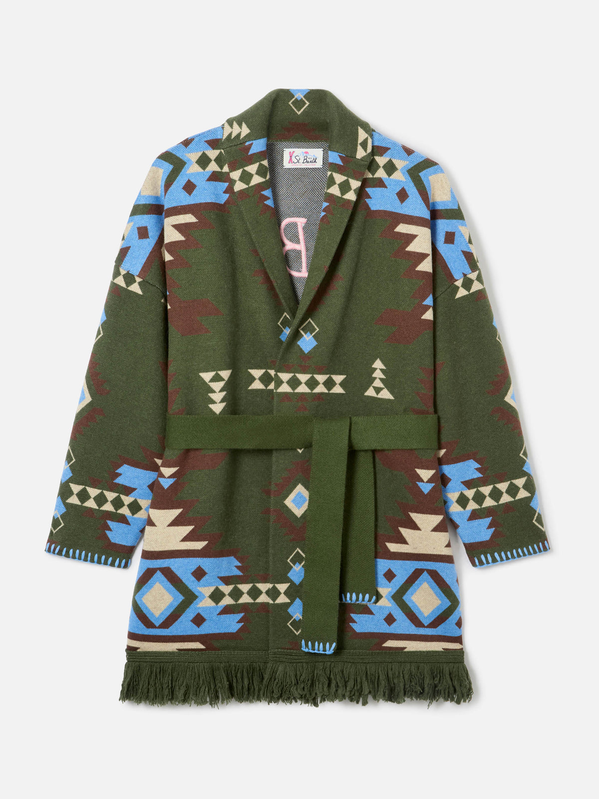 Cardigan Cristabel verde militare con cintura e stampa etnica