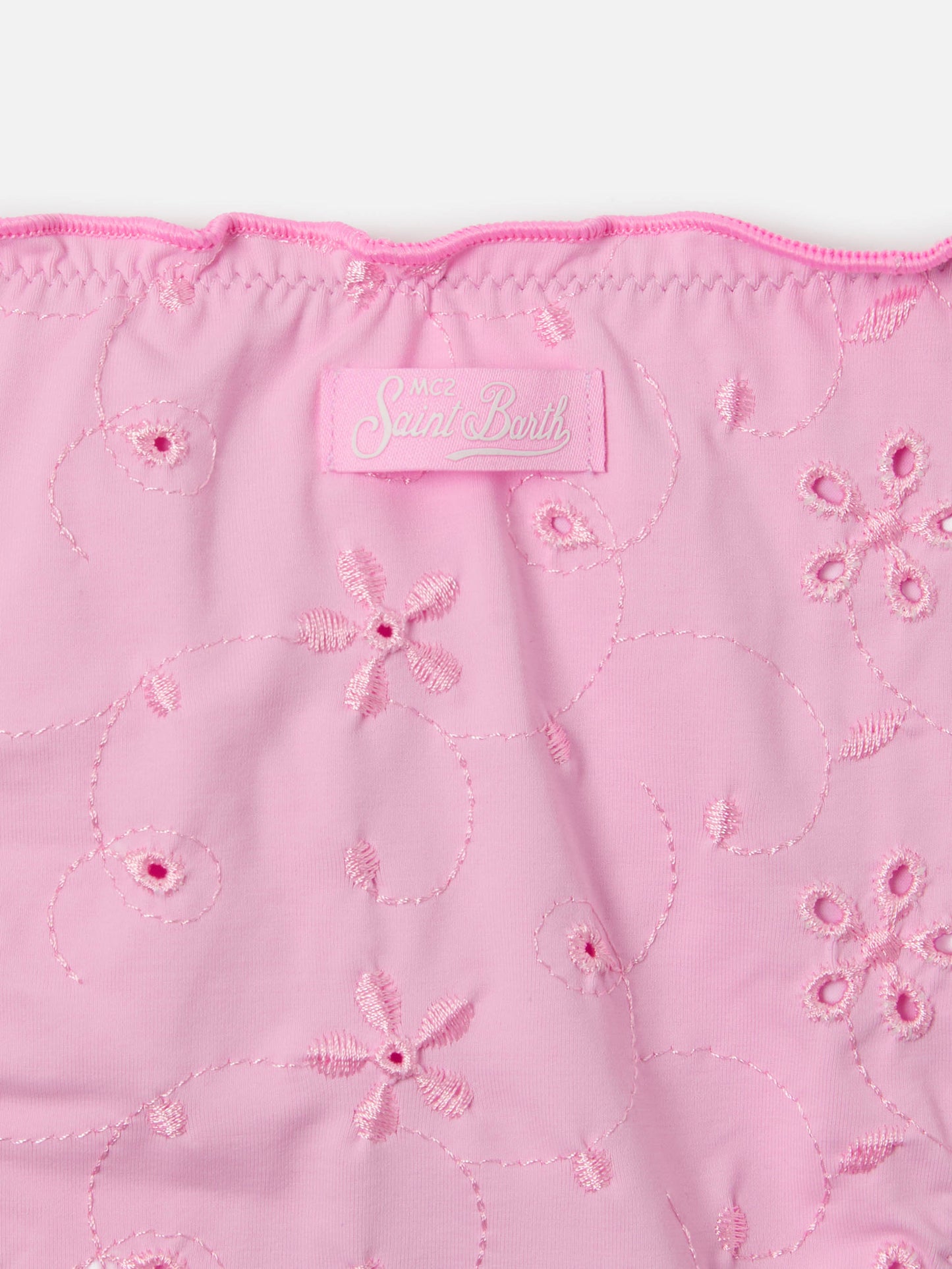 Bikini Cris in tessuto sangallo rosa con bordi arricciati