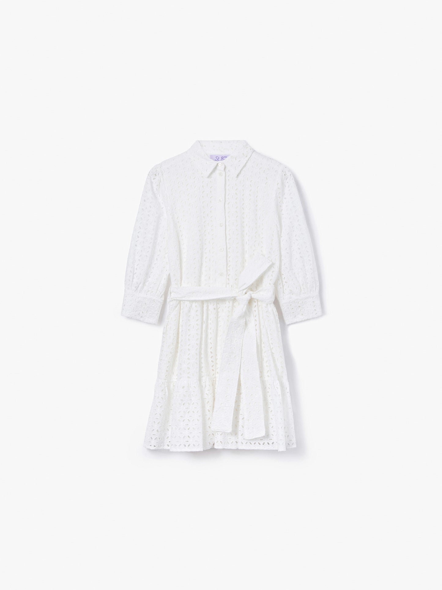 Abito corto in cotone bianco con ricami