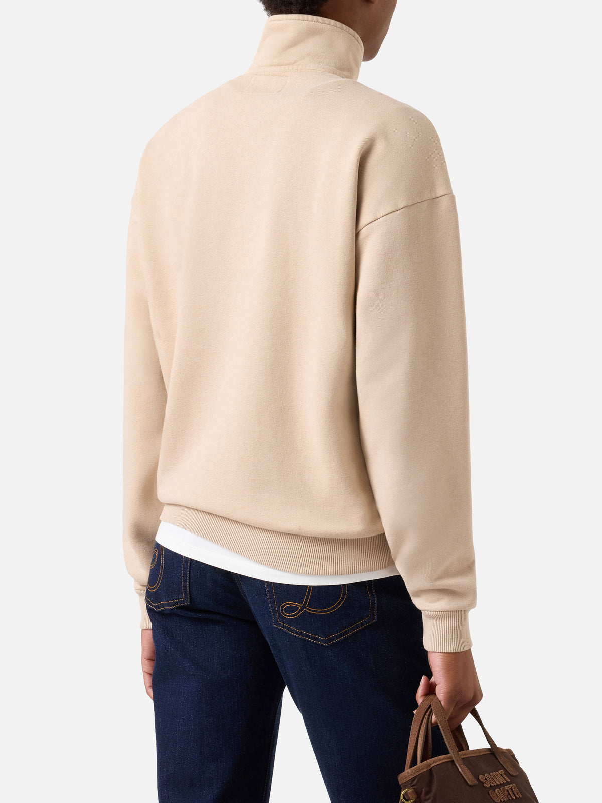 Felpa Eliade beige in cotone con mezza zip e logo flock