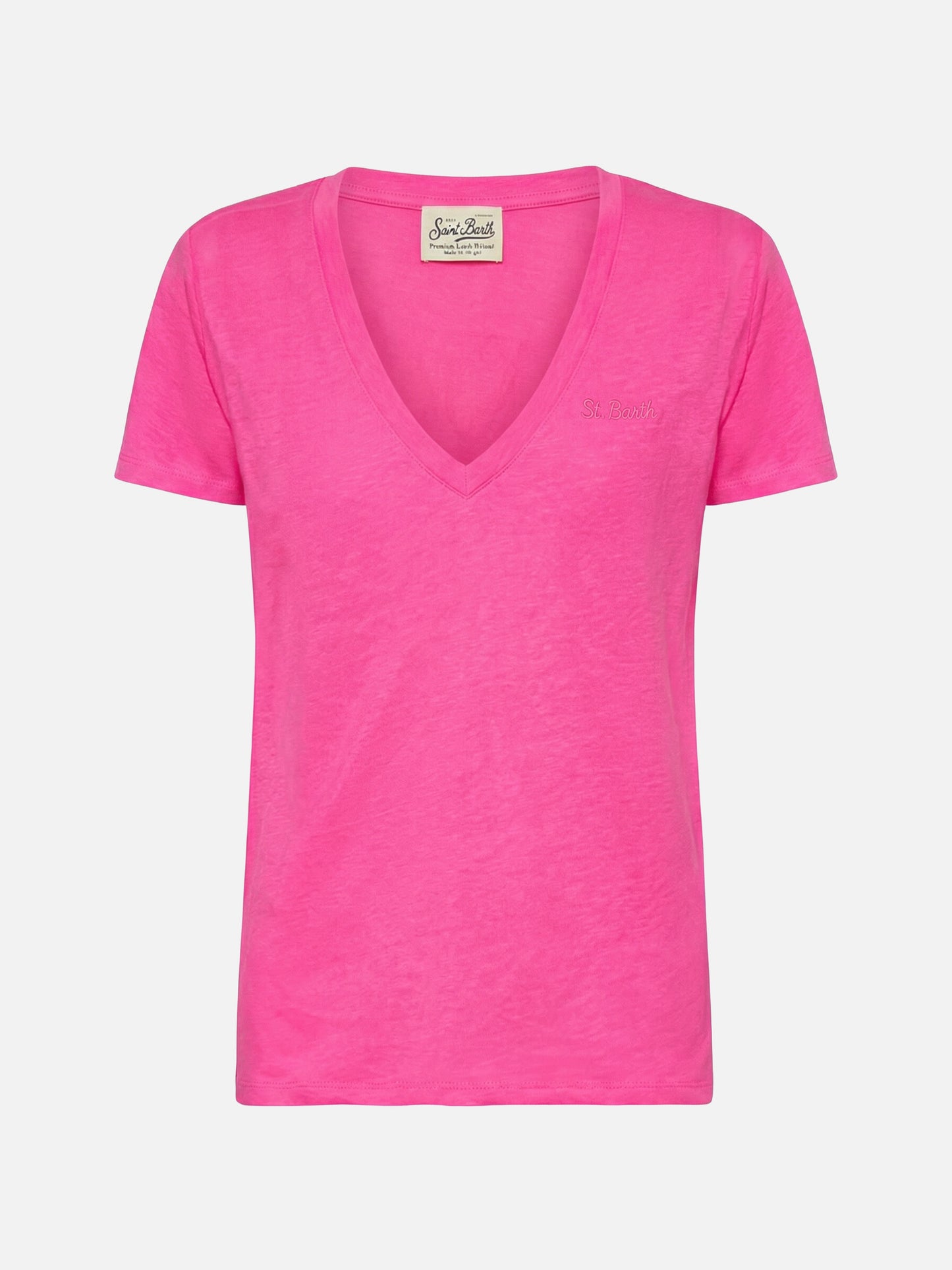 Eloise t-shirt scollo a V in jersey di lino rosa fluo
