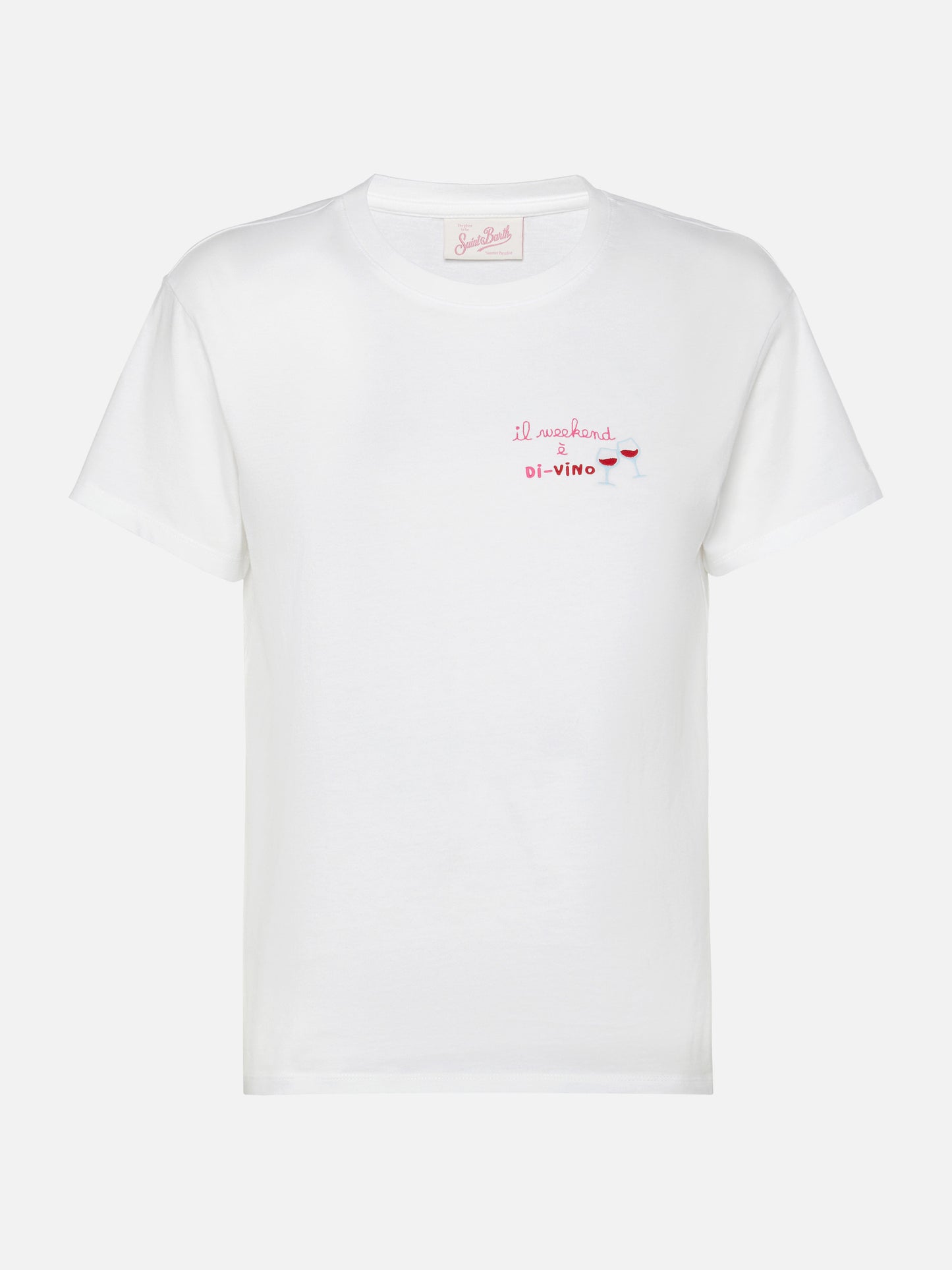 Emilie cotton t-shirt with Il week-end è di-vino embroidery