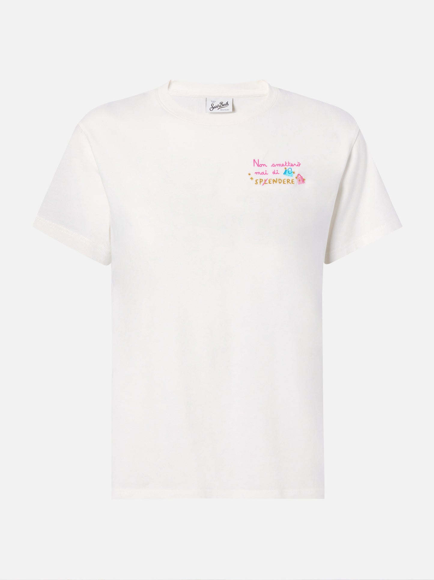 Emilie organic cotton T-shirt in white with Non smetterò mai di Sp(l)endere embroidery