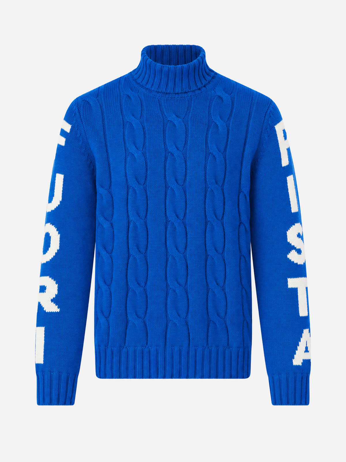 Rollkragenpullover im Fisherman-Zopfmuster mit Fuori pista-Jacquard in Blau