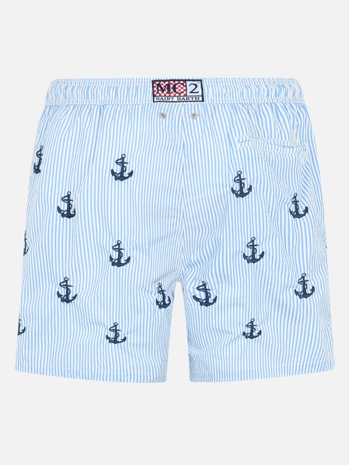 Costume Gustavia in seersucker a righe blu e bianco con ricamo ancore