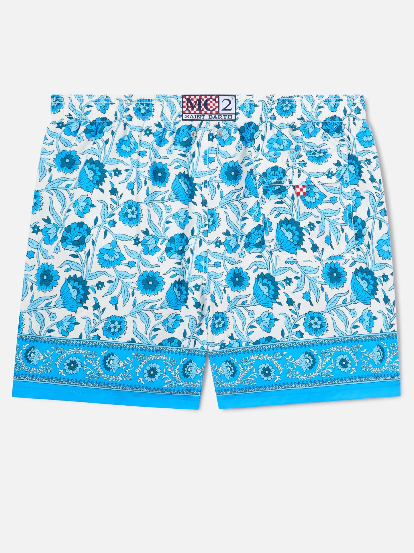 Gustavia swim shorts with blue batik floral print