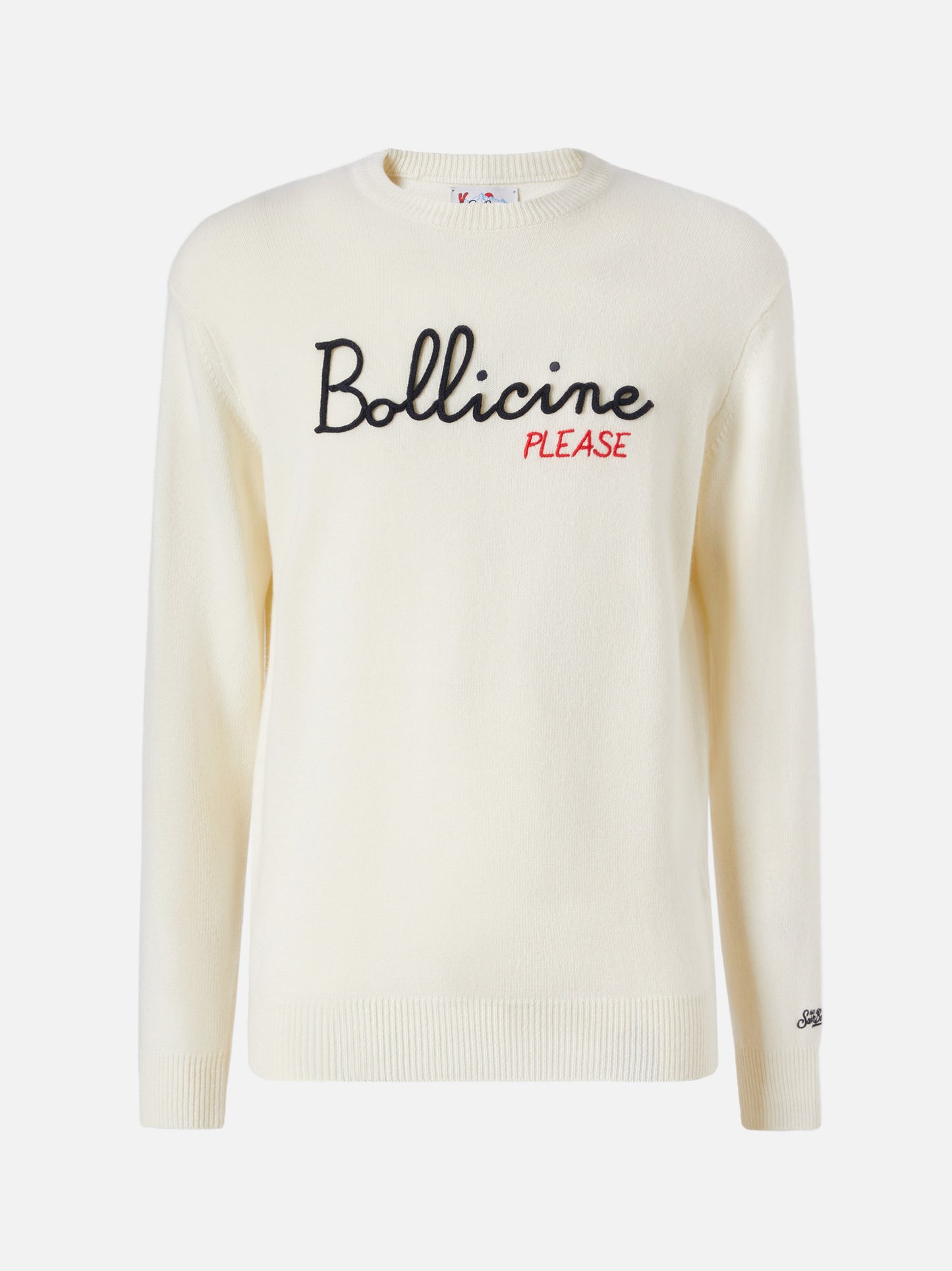 Weißer Pullover mit Reiher- und Bollicine-Stickerei
