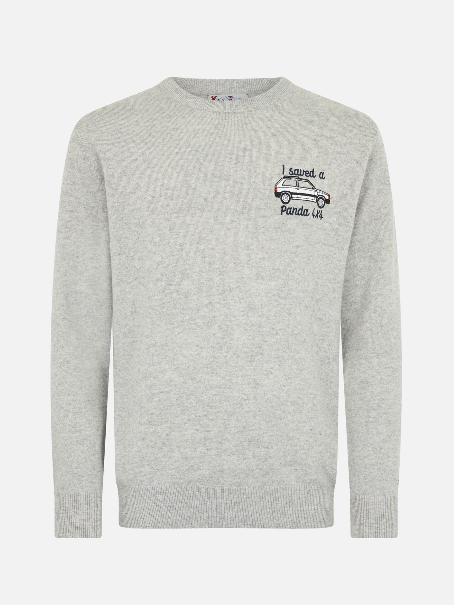 Man gray sweater Heron with I saved a Panda 4x4 embroidery | FIAT PANDA SPECIAL EDITION - MC2 Saint Barth