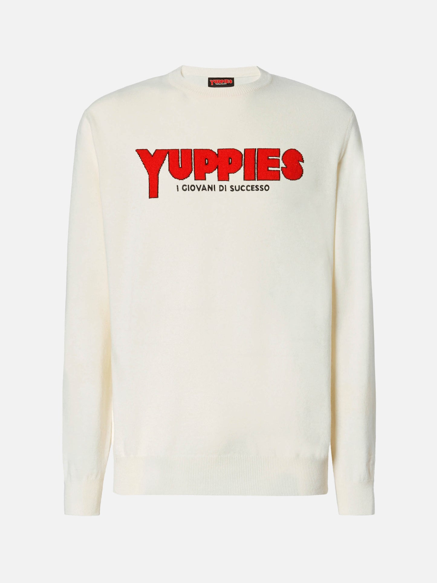 Heron Light crewneck in white with Yuppies jacquard and embroidery | YUPPIES SPECIAL EDITION