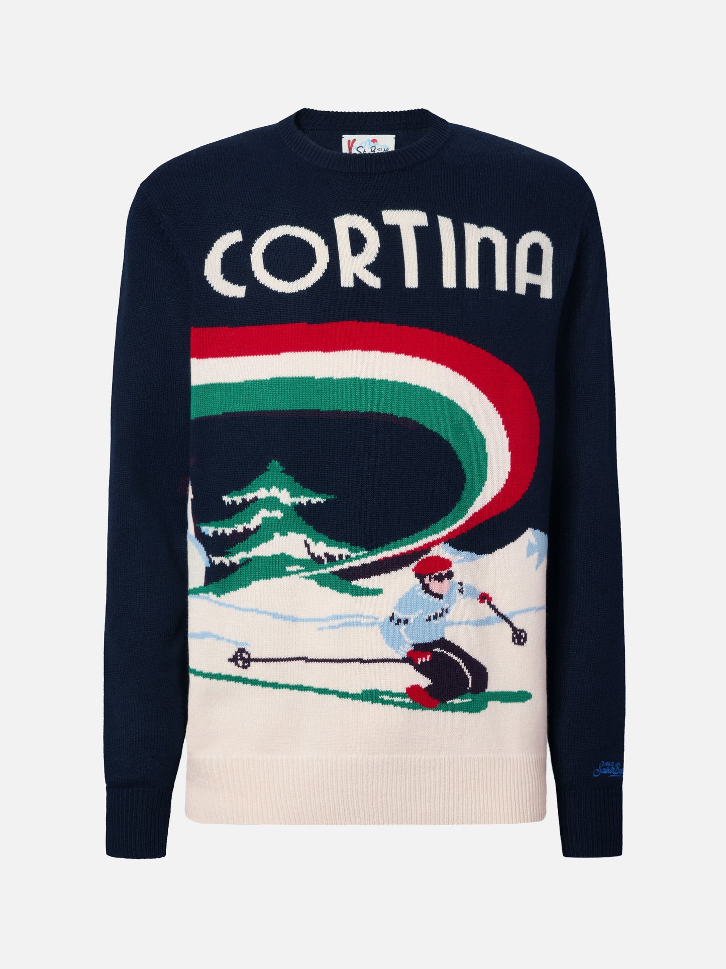 Heron-Pullover in Blau mit Cortina-Postkarten-Jacquardmuster