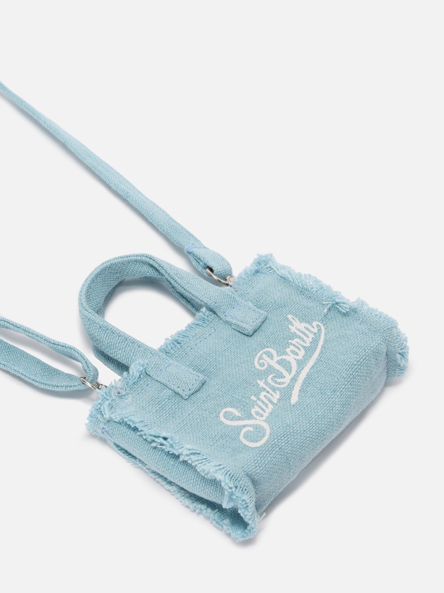 Keychain a forma di mini borsa in lino azzurro con logo stampato