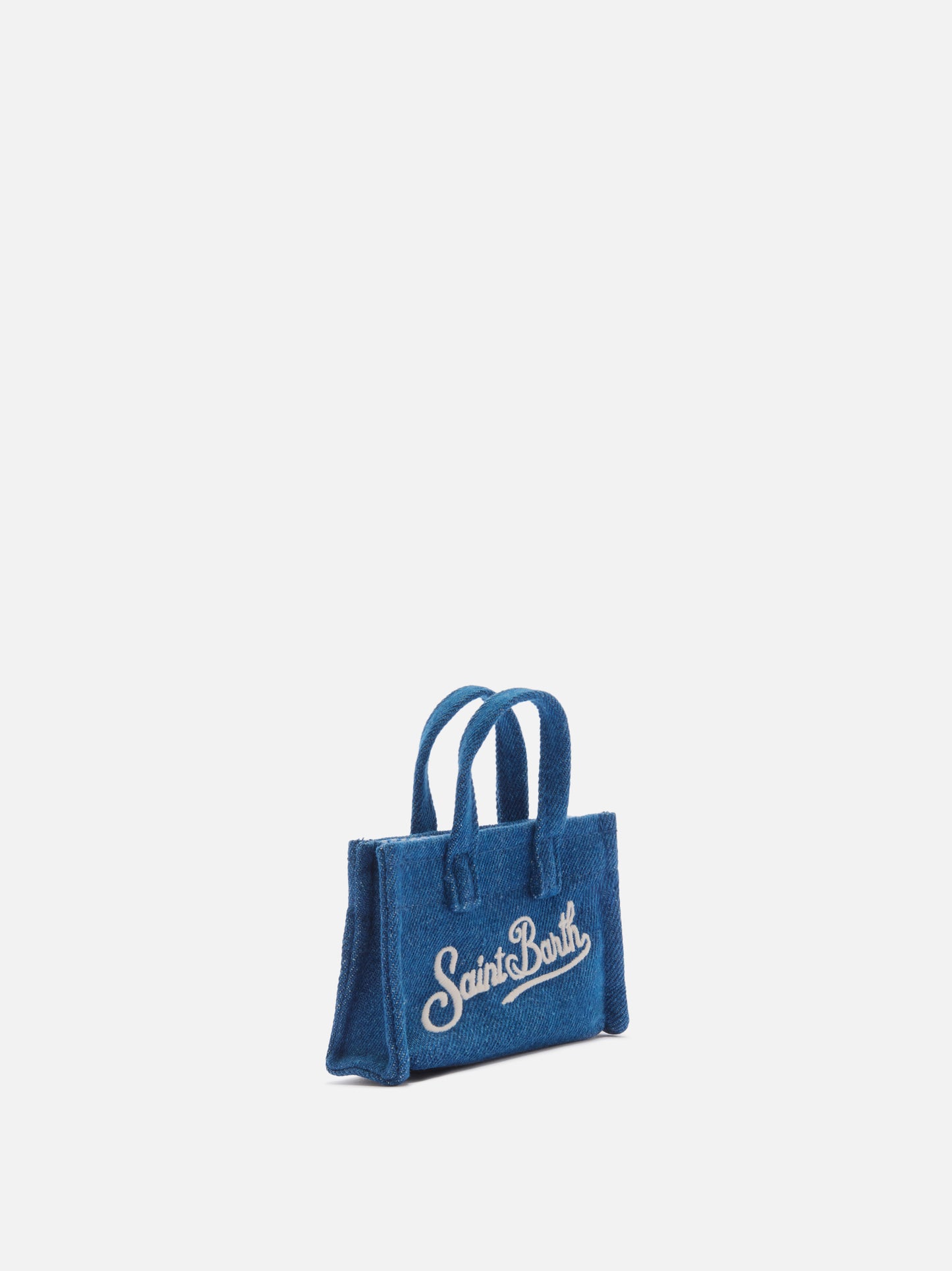 Keychain a forma di mini borsa in denim con logo stampato