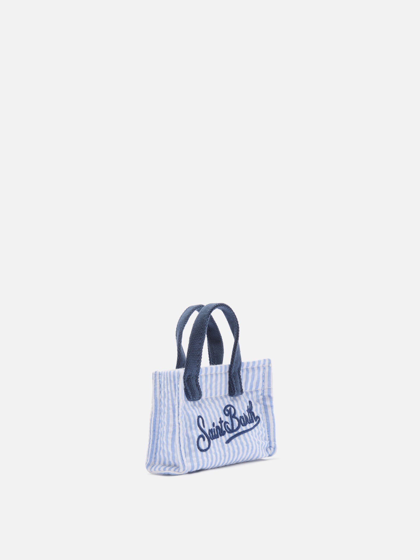 Keychain a forma di mini borsa in cotone a righe con logo stampato