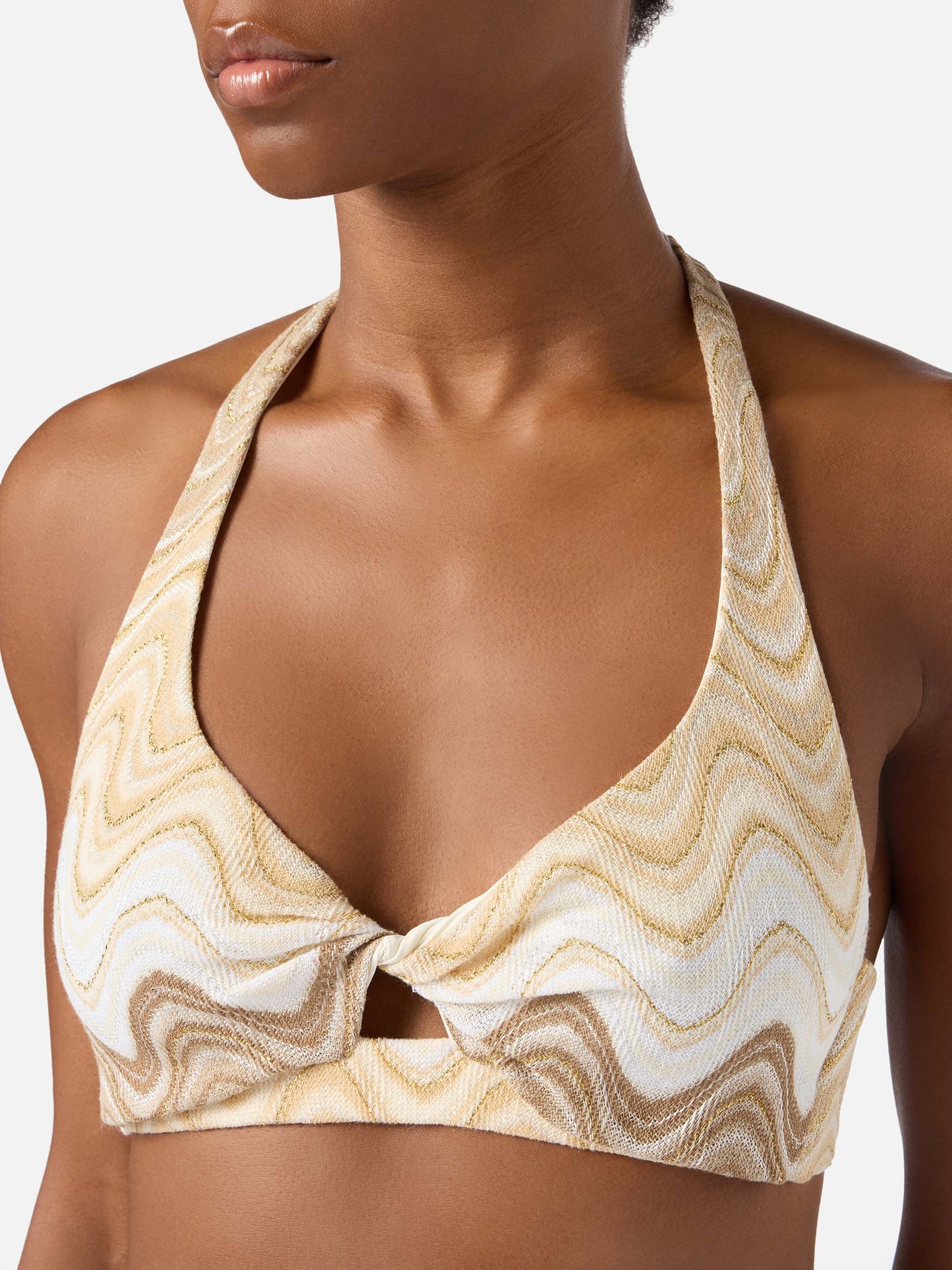 Top de bikini bralette Leda en tejido raschel dorado con detalle cut-out