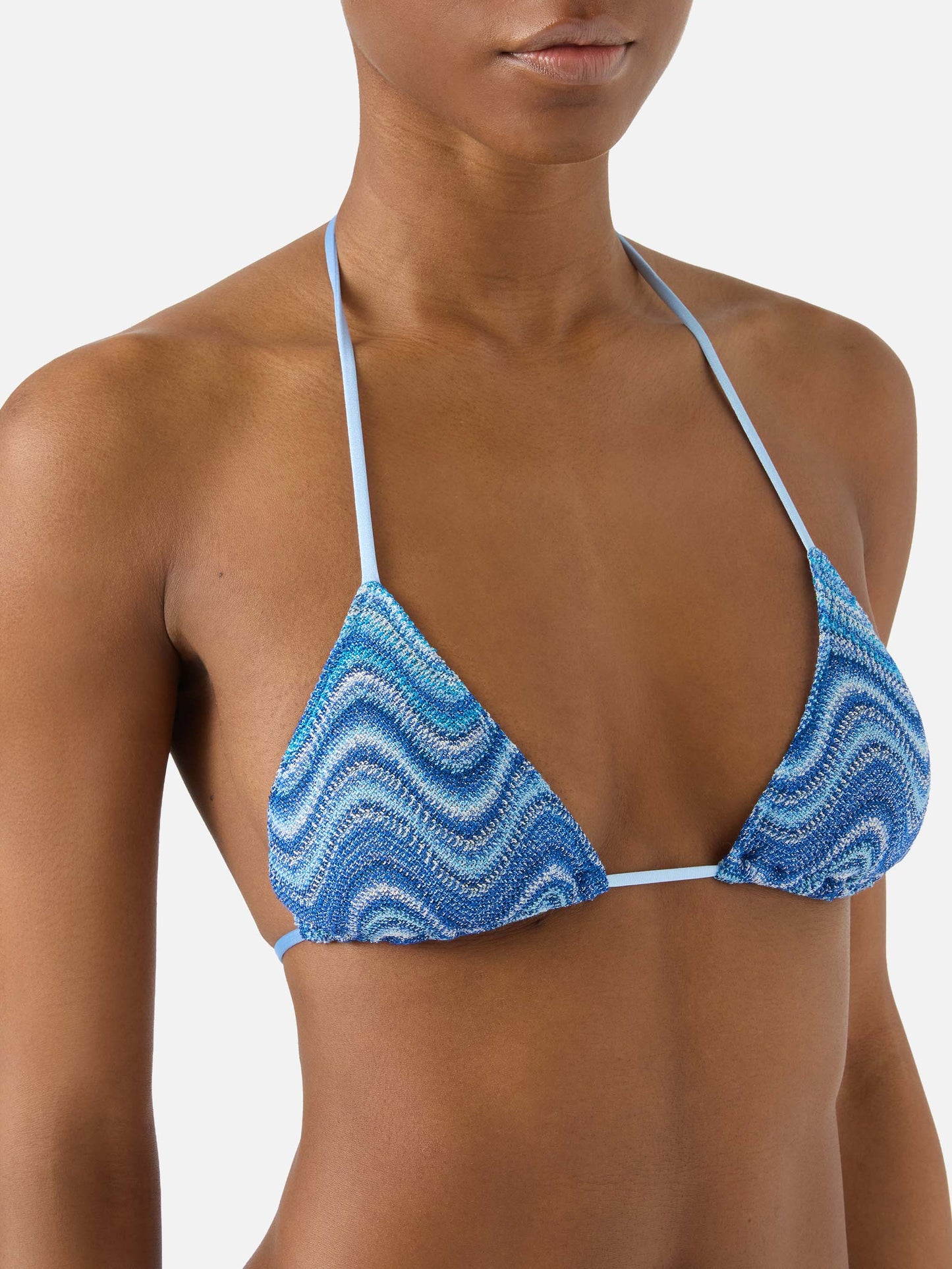 Top bikini Leah triangolo in tessuto raschel a onda azzurro