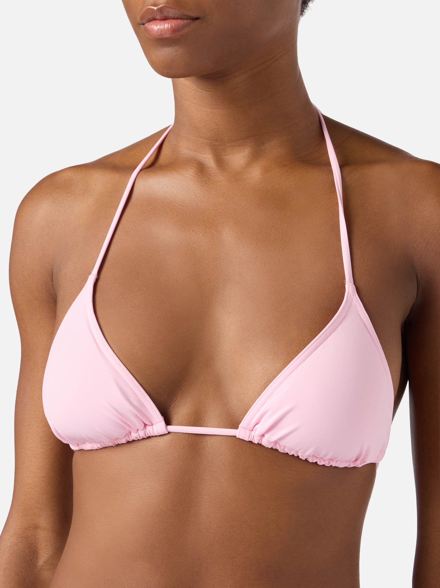 Top de bikini triangular Leah con lazos en rosa pastel liso