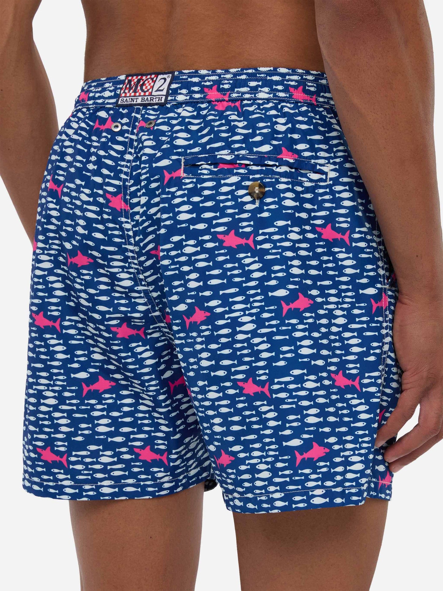 Man light fabric swim shorts with fish and sharks print