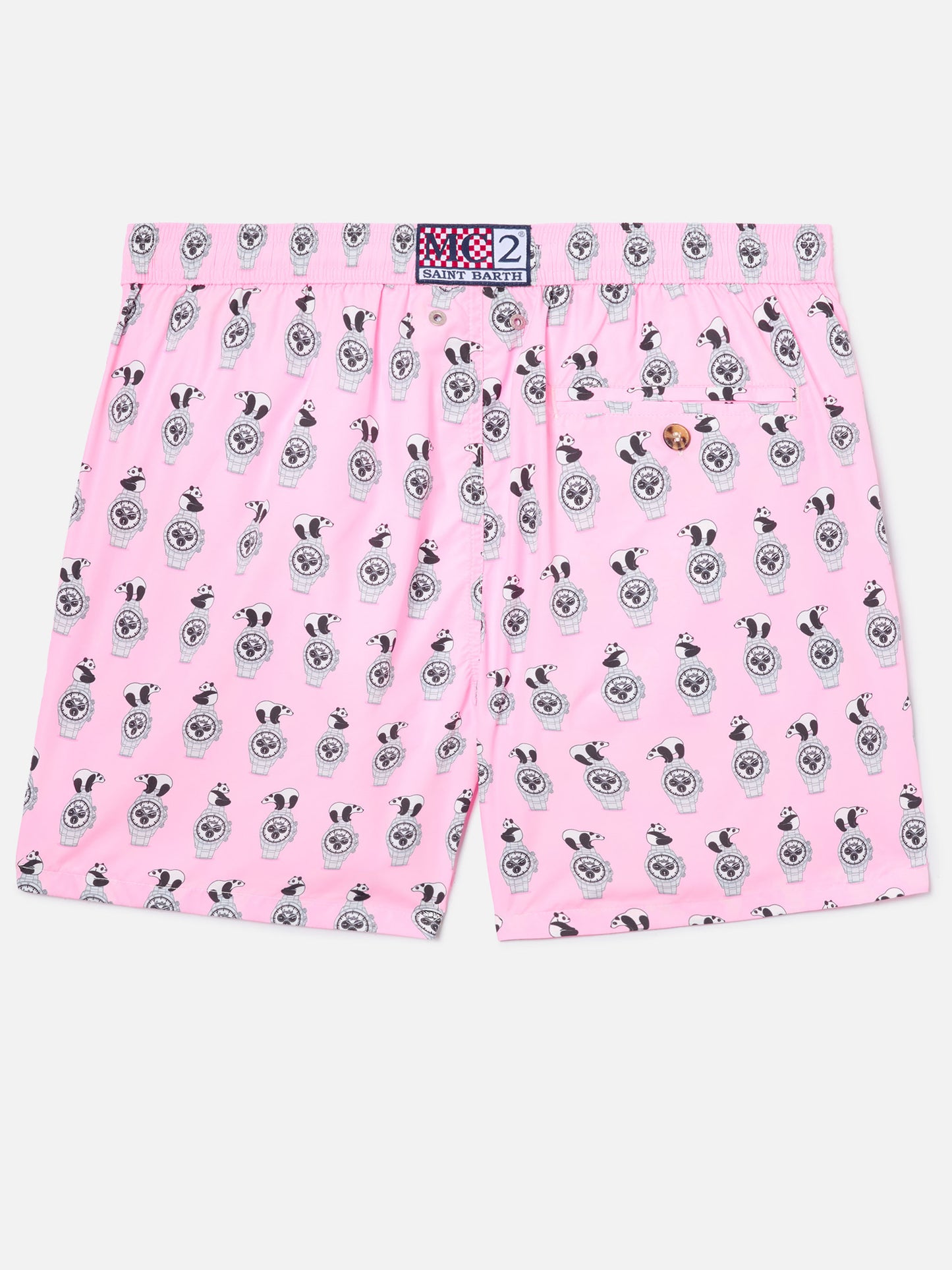Costume mare Lighting Micro rosa con stampa panda e orologi all-over