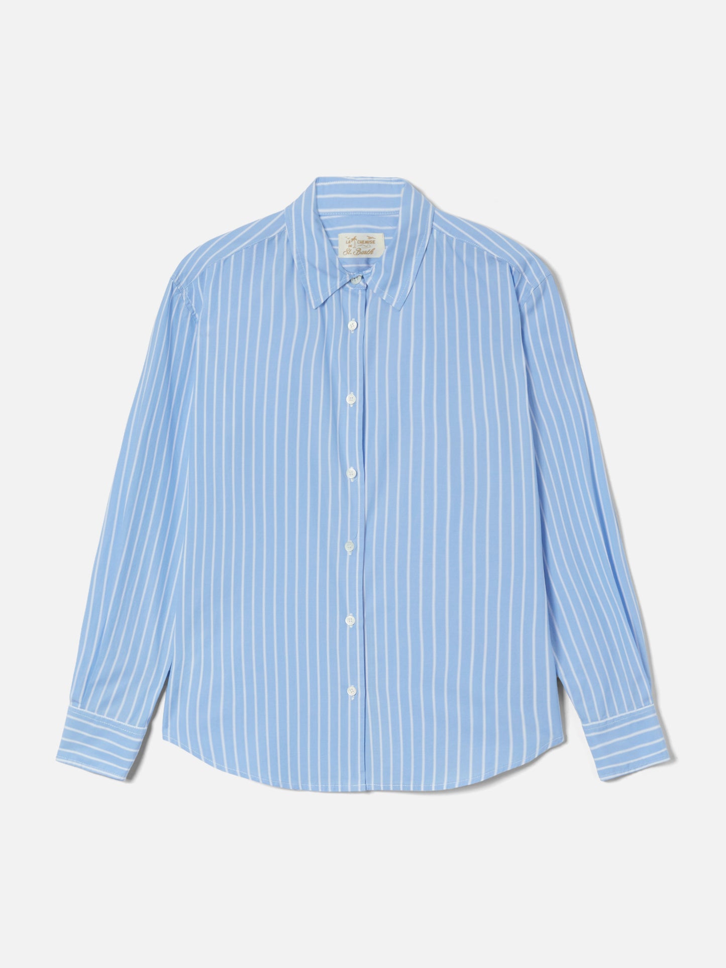 Camicia Meredith in cotone a righe azzurre con ricamo St. Barth Queen