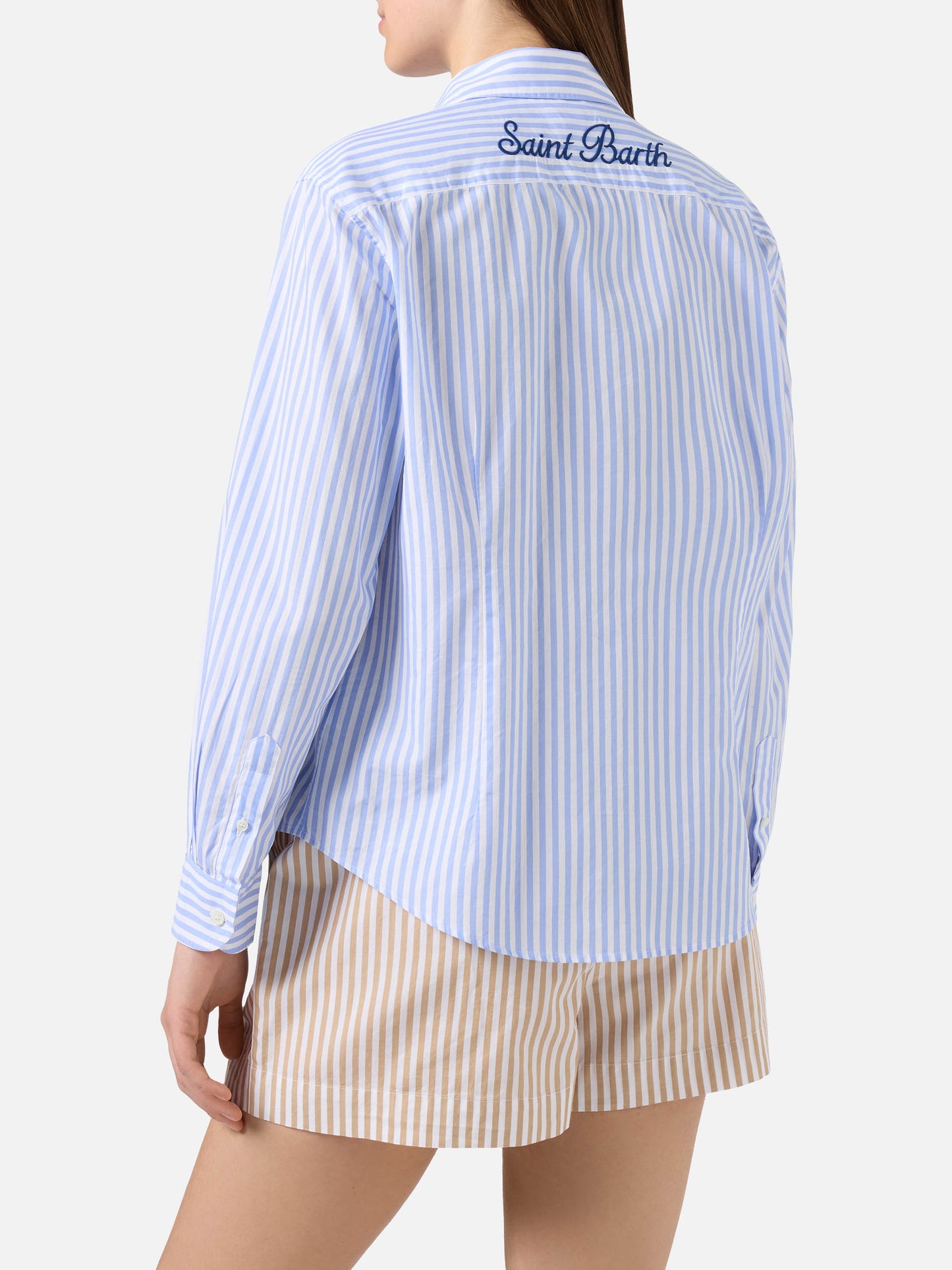 Camicia Meredith in cotone a righe blu con ricamo Saint Barth