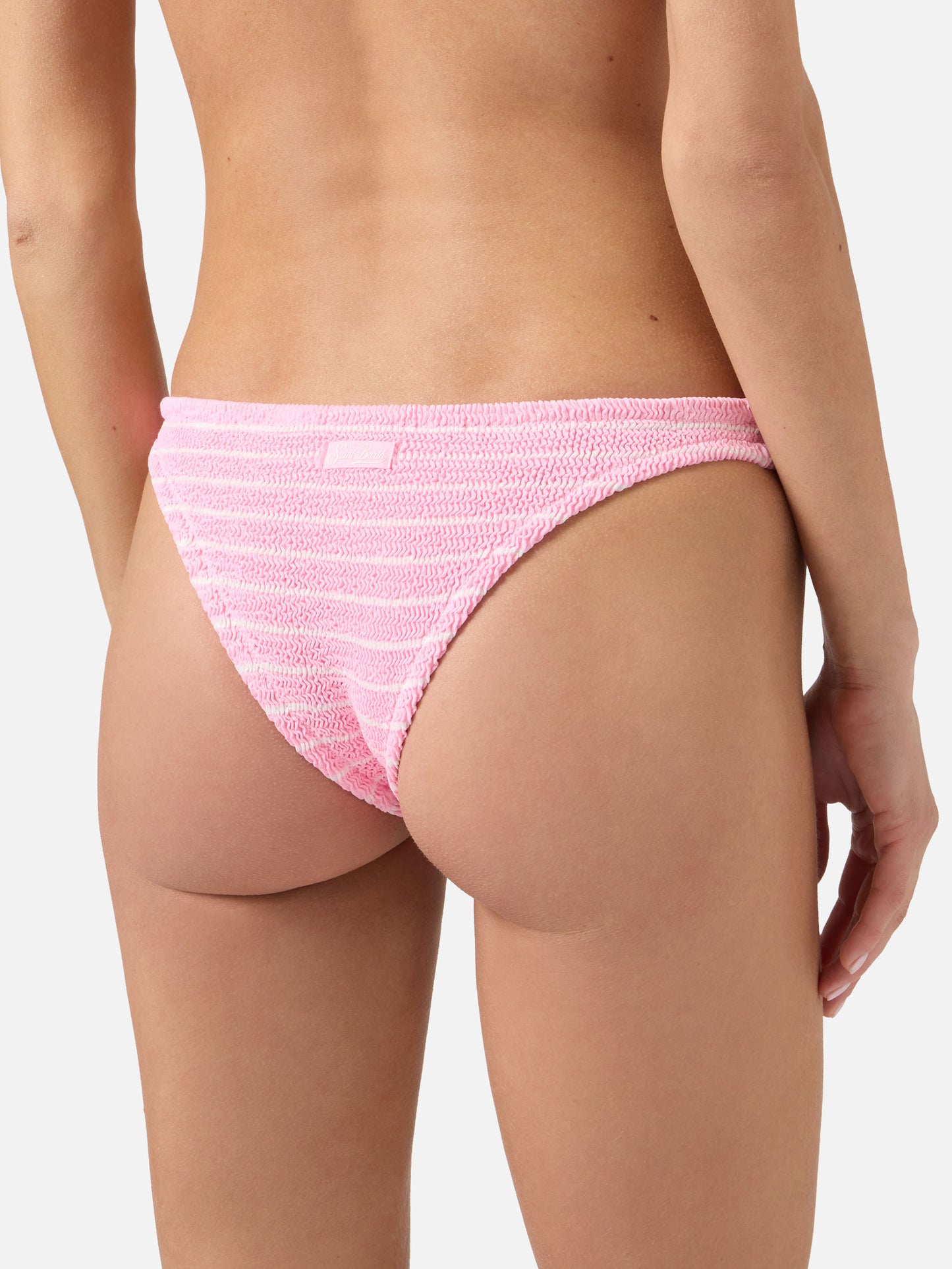 Slip mare Naomi modello brasiliana in tessuto crinkle a righe rosa e bianche