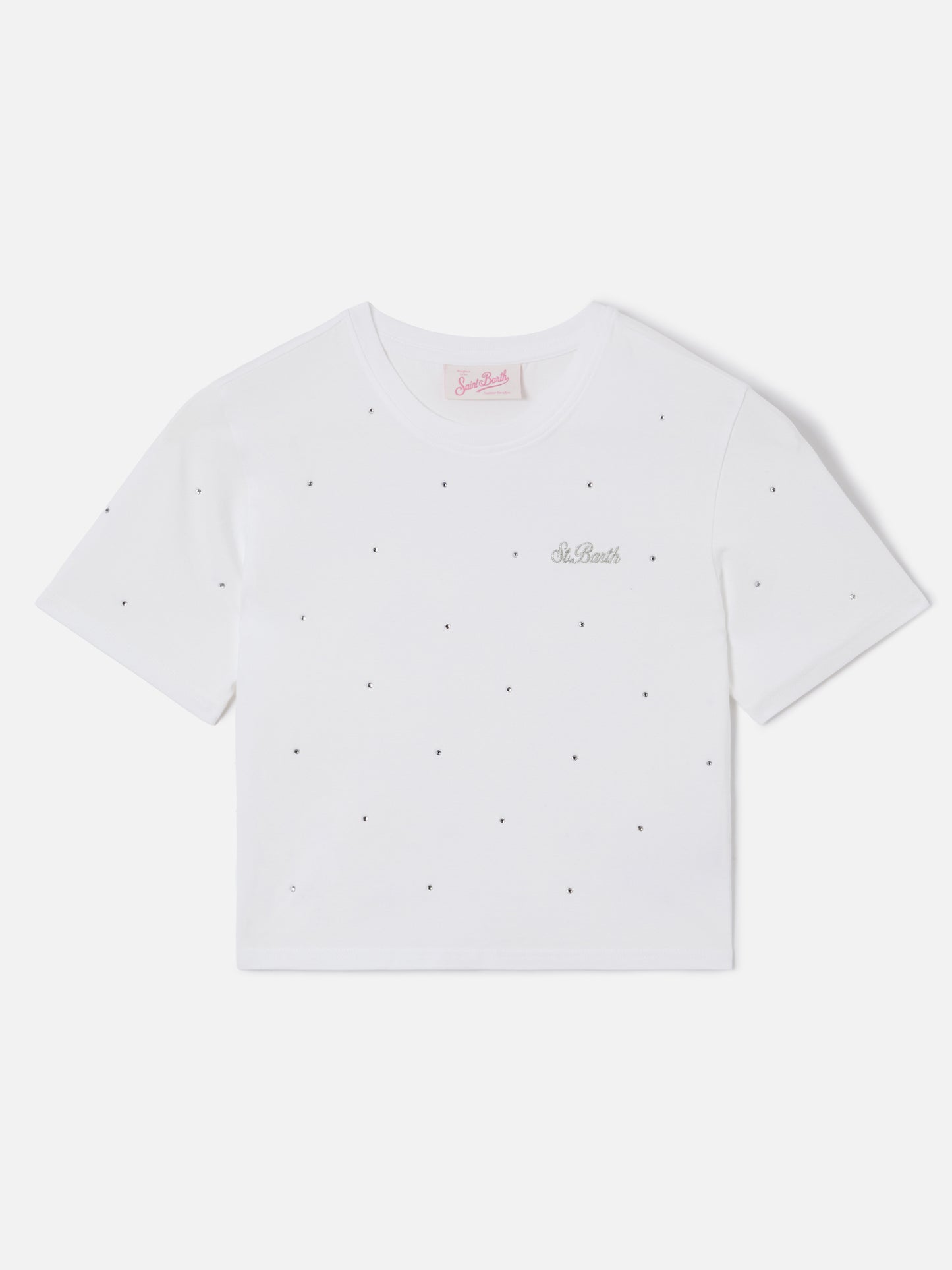 Weißes Nives T-Shirt aus Baumwolle mit Allover-Strasssteinen