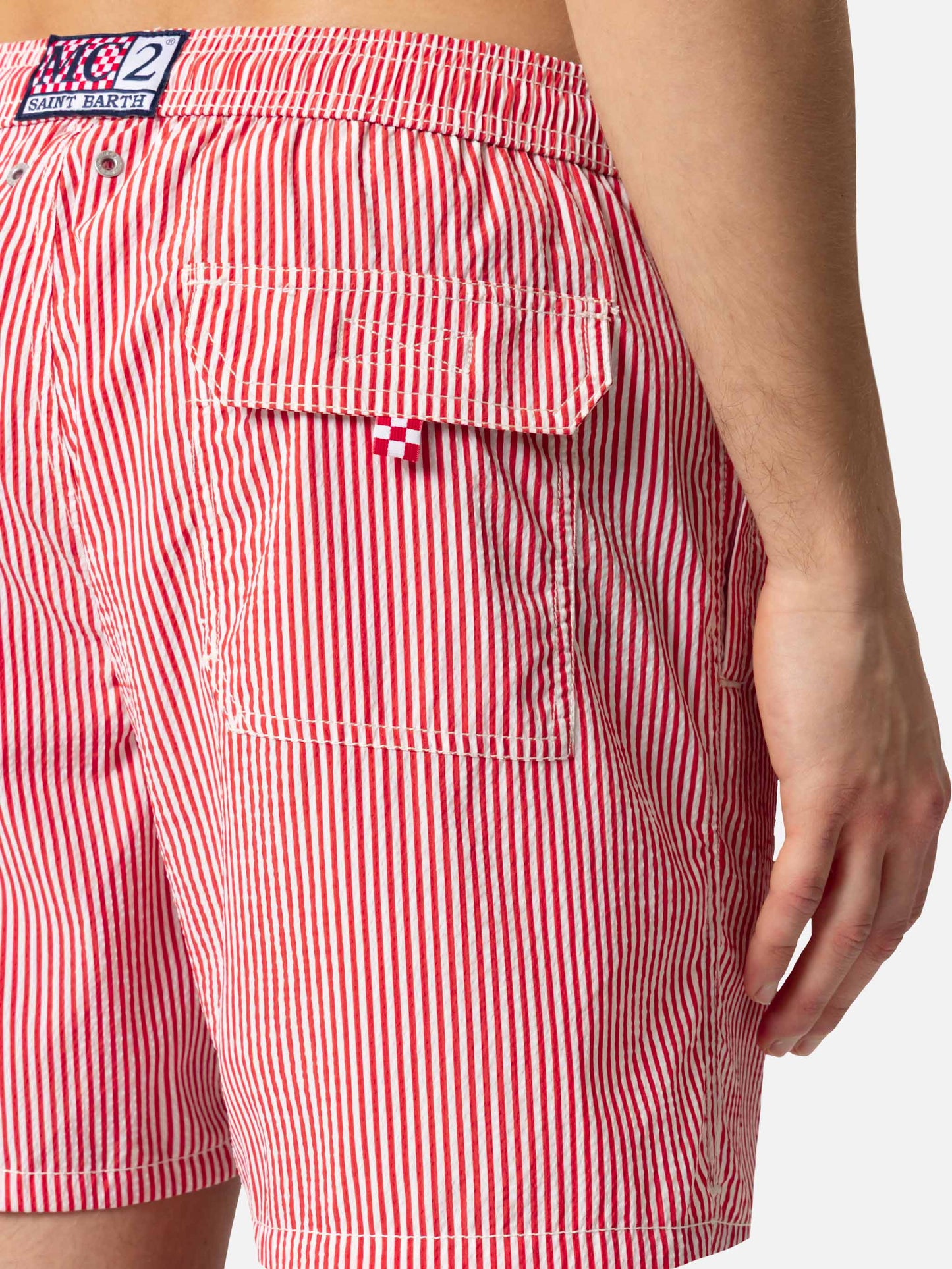 Seersucker red striped classic light swim shorts Patmos - MC2 Saint Barth