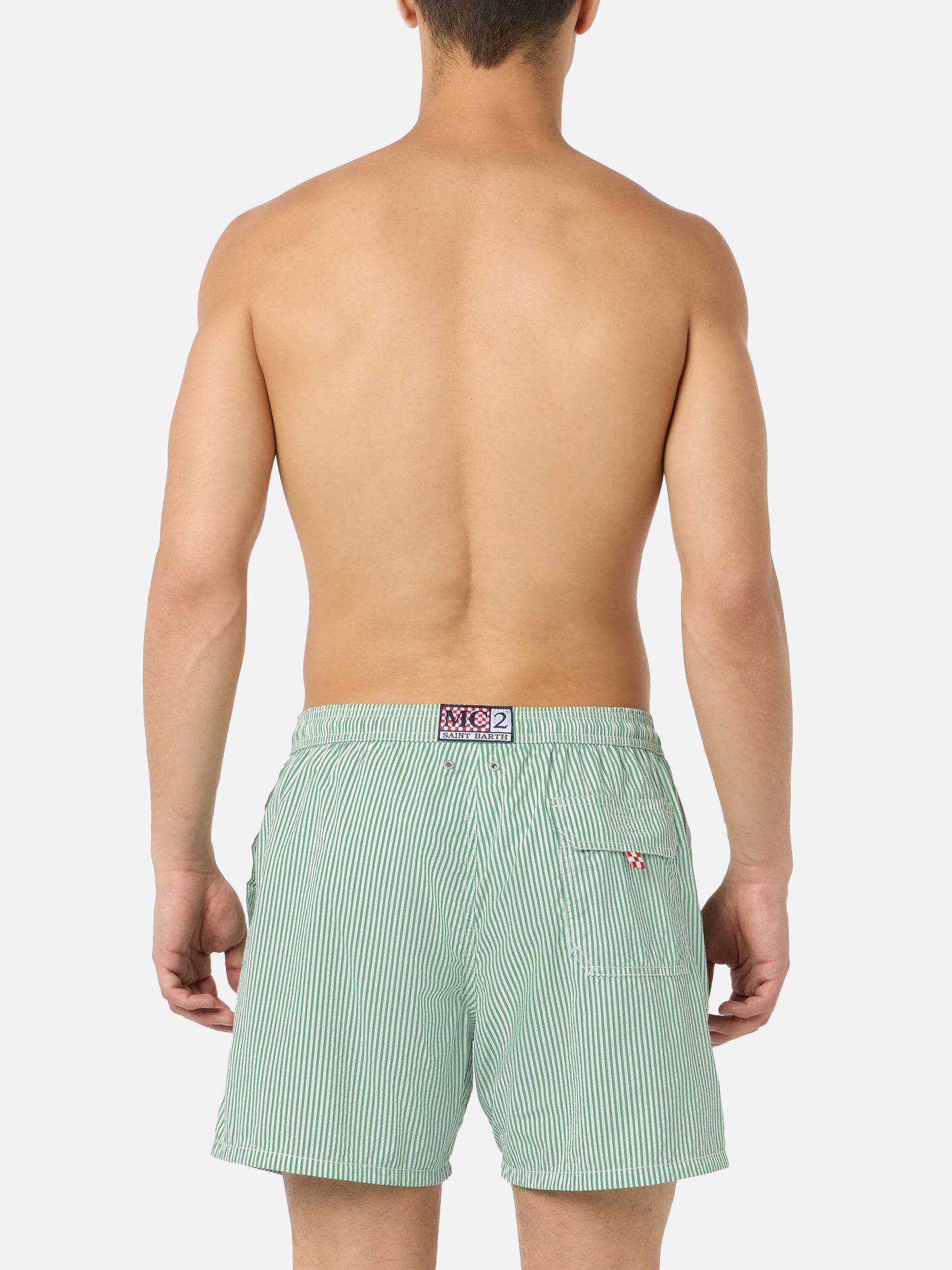 Seersucker sage green striped classic light swim shorts Patmos