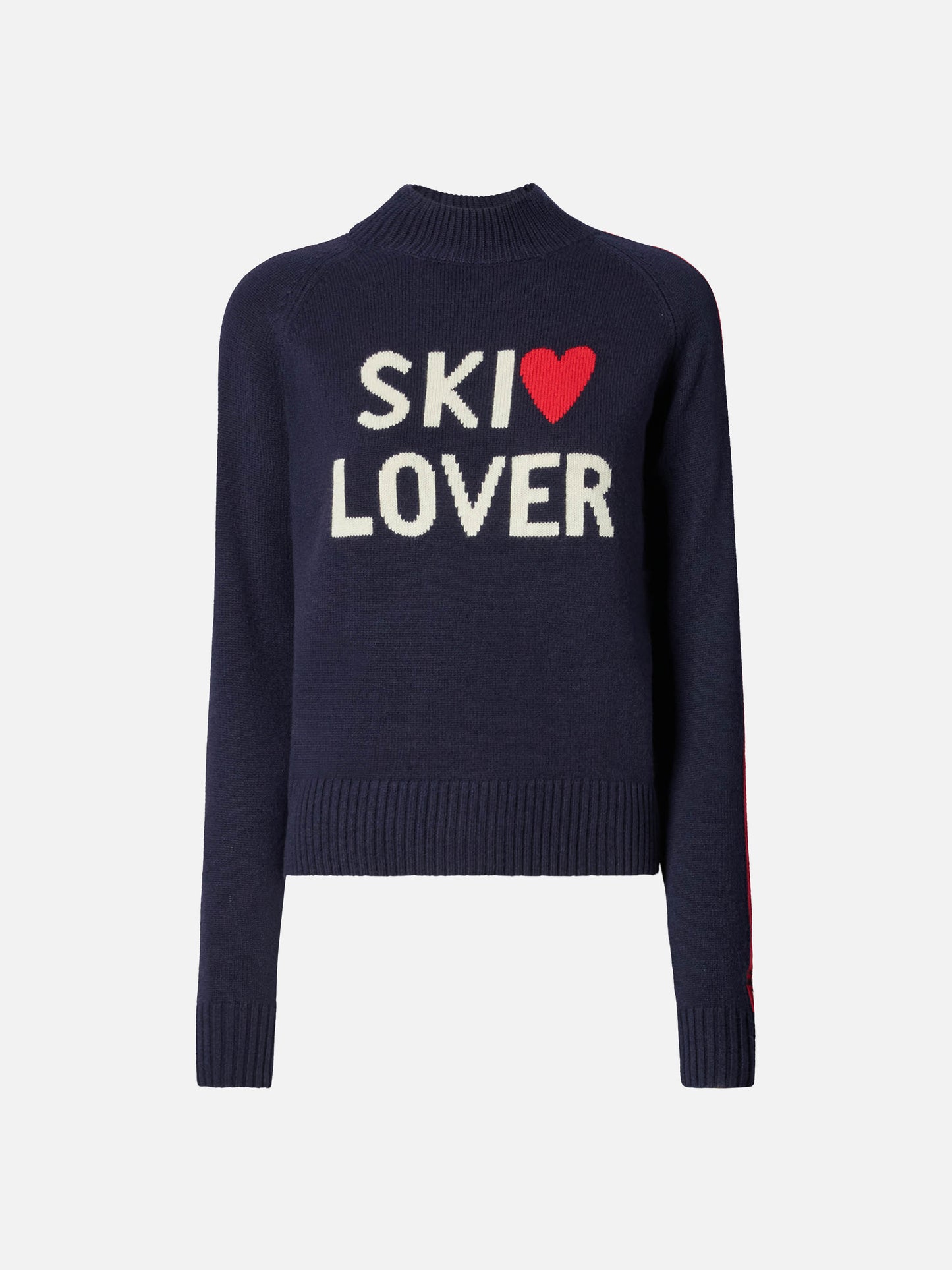 Blauer Stehkragenpullover aus Kaschmir-Mischgewebe mit Ski Lover Jacquardmuster