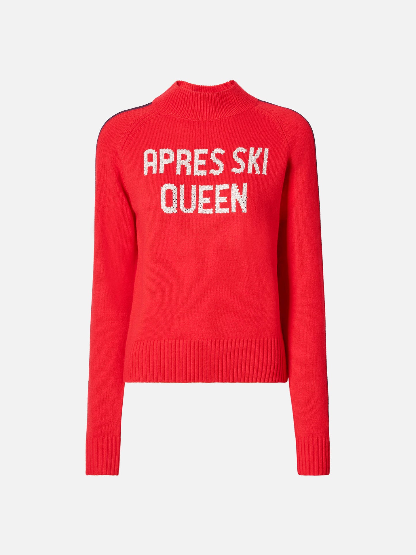 Roter Stehkragenpullover aus Kaschmirmischung von Peak mit Strassapplikation in Form einer Apres-Ski-Königin