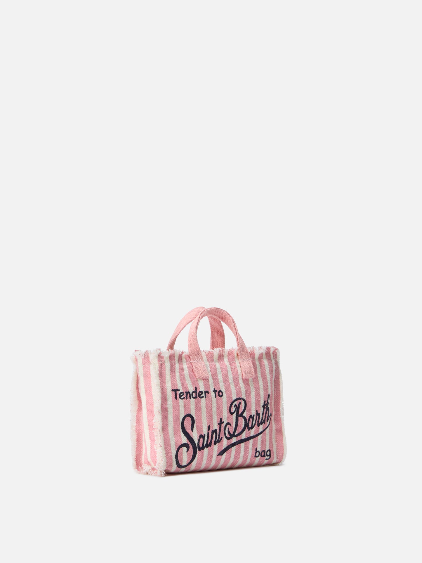 Micro Phone Leinentasche mit rosa-weißen Streifen und kontrastierendem Logo