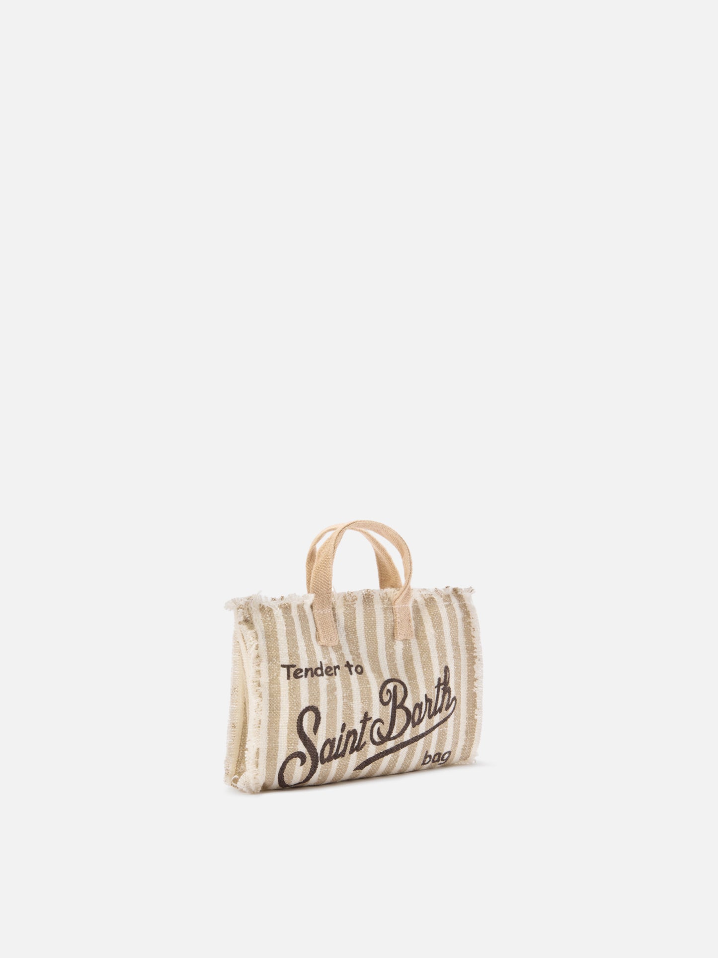 micro Phone linen bag with beige and white stripes and contrasting logo