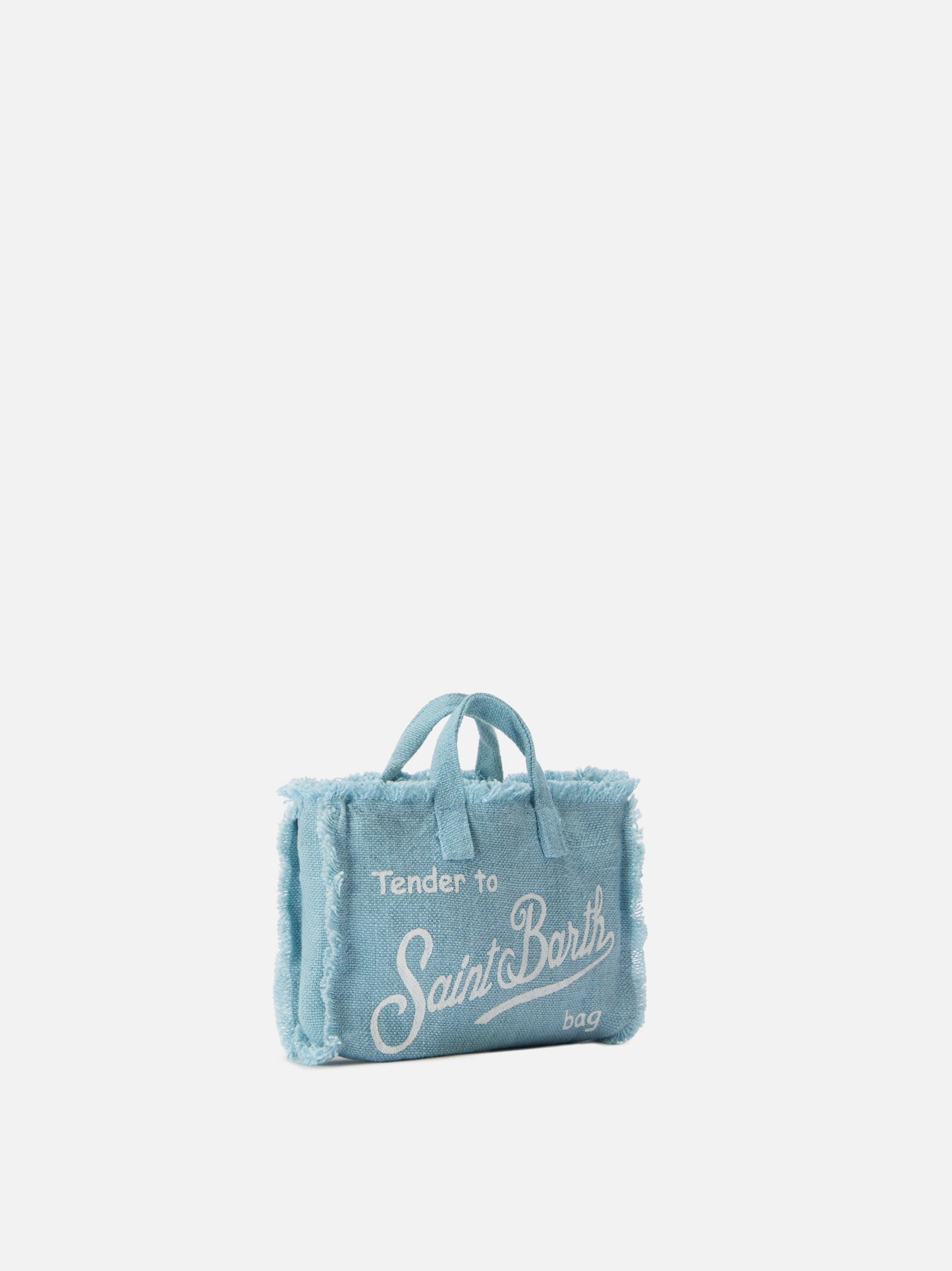 Borsa Phone micro in lino azzurro tinta unita con logo a contrasto