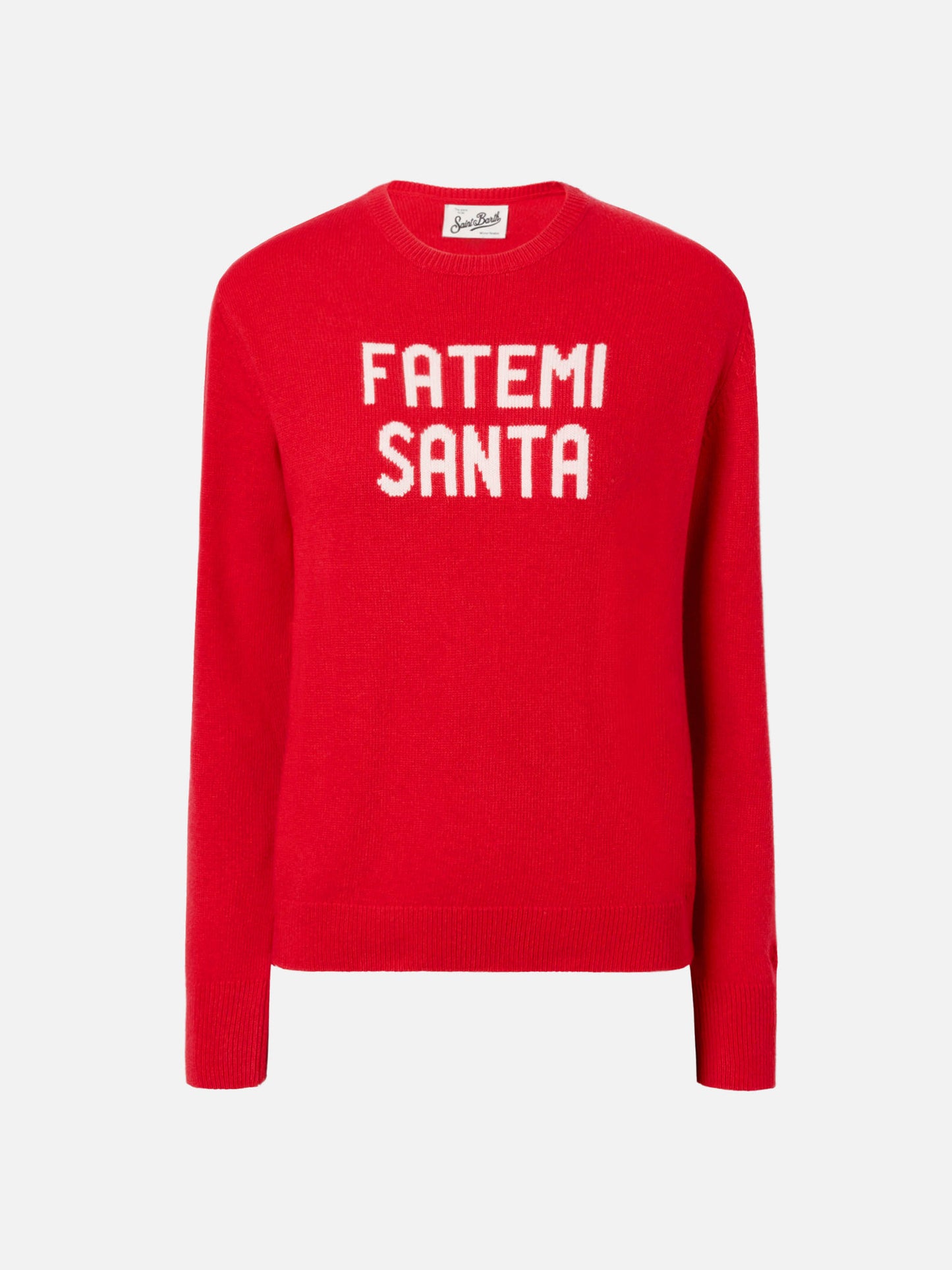 Maglione New Queen in misto cashmere rosso con jacquard Fatemi Santa