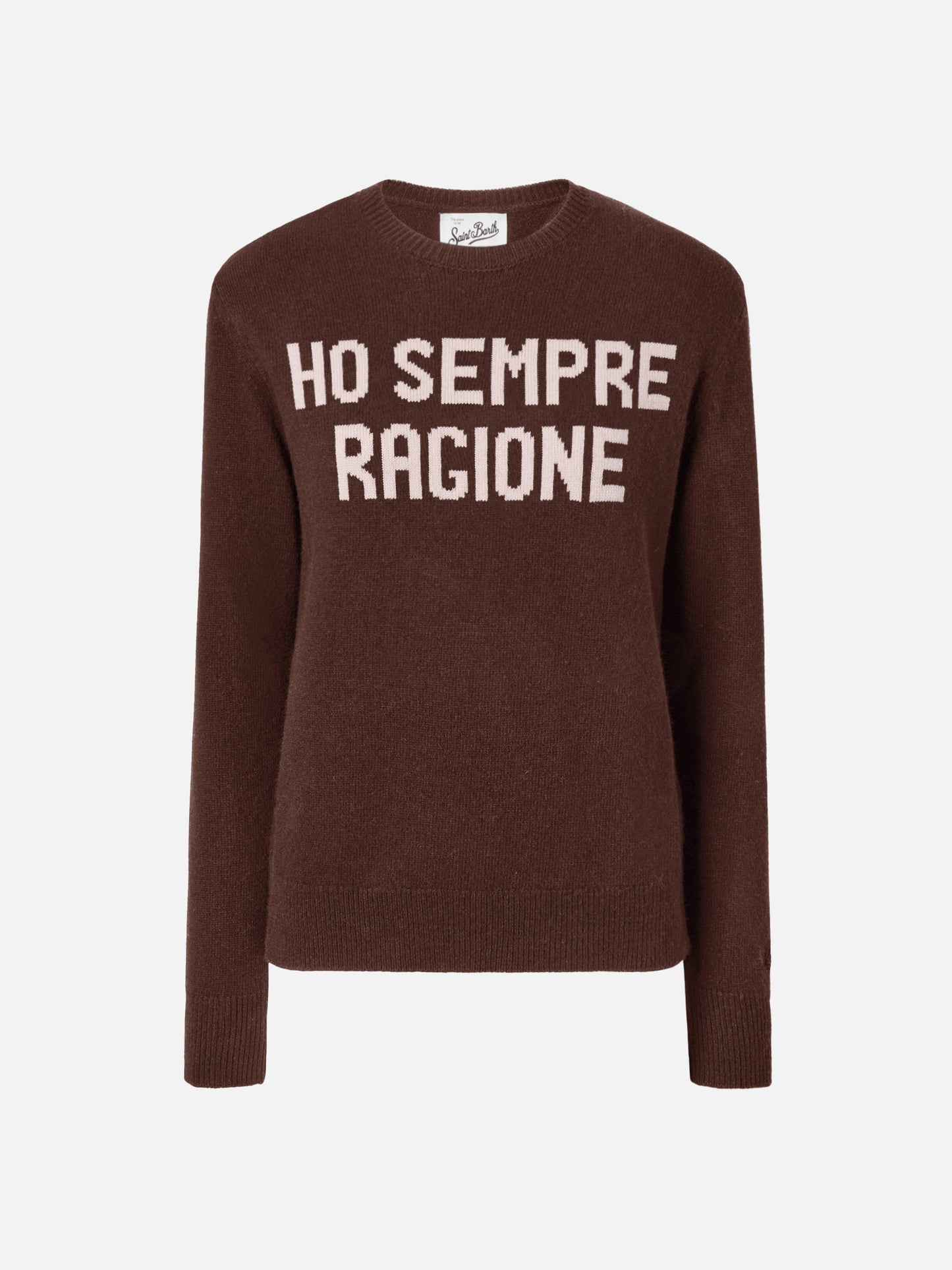 New Queen cashmere-blend sweater in brown with Ho sempre ragione jacquard